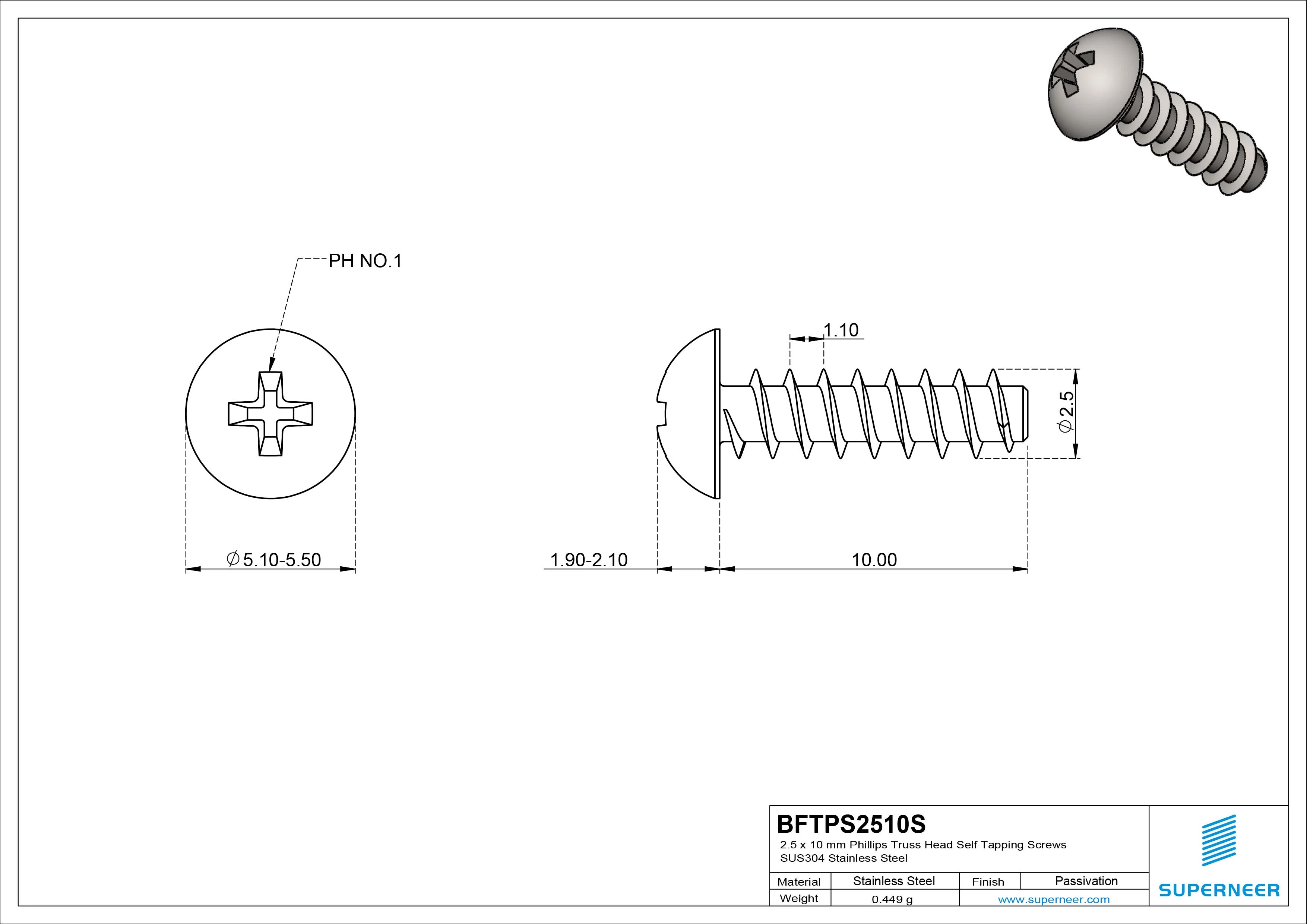 2.5 x 10mm Phillips Truss Head Self Tapping Screws SUS304 Stainless Steel