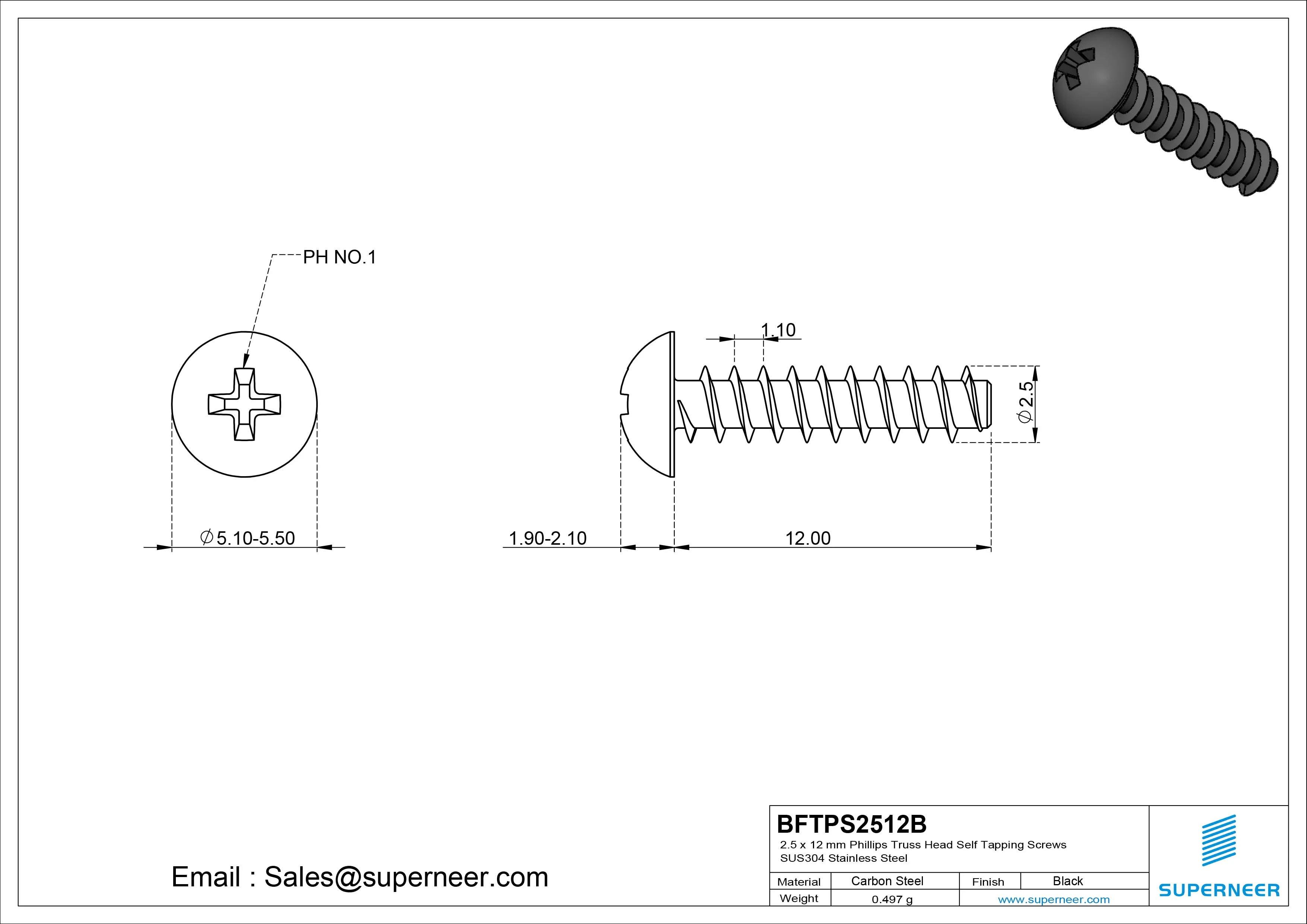 2.5 x 12mm Phillips Truss Head Self Tapping Screws Steel Black Zinc Plated