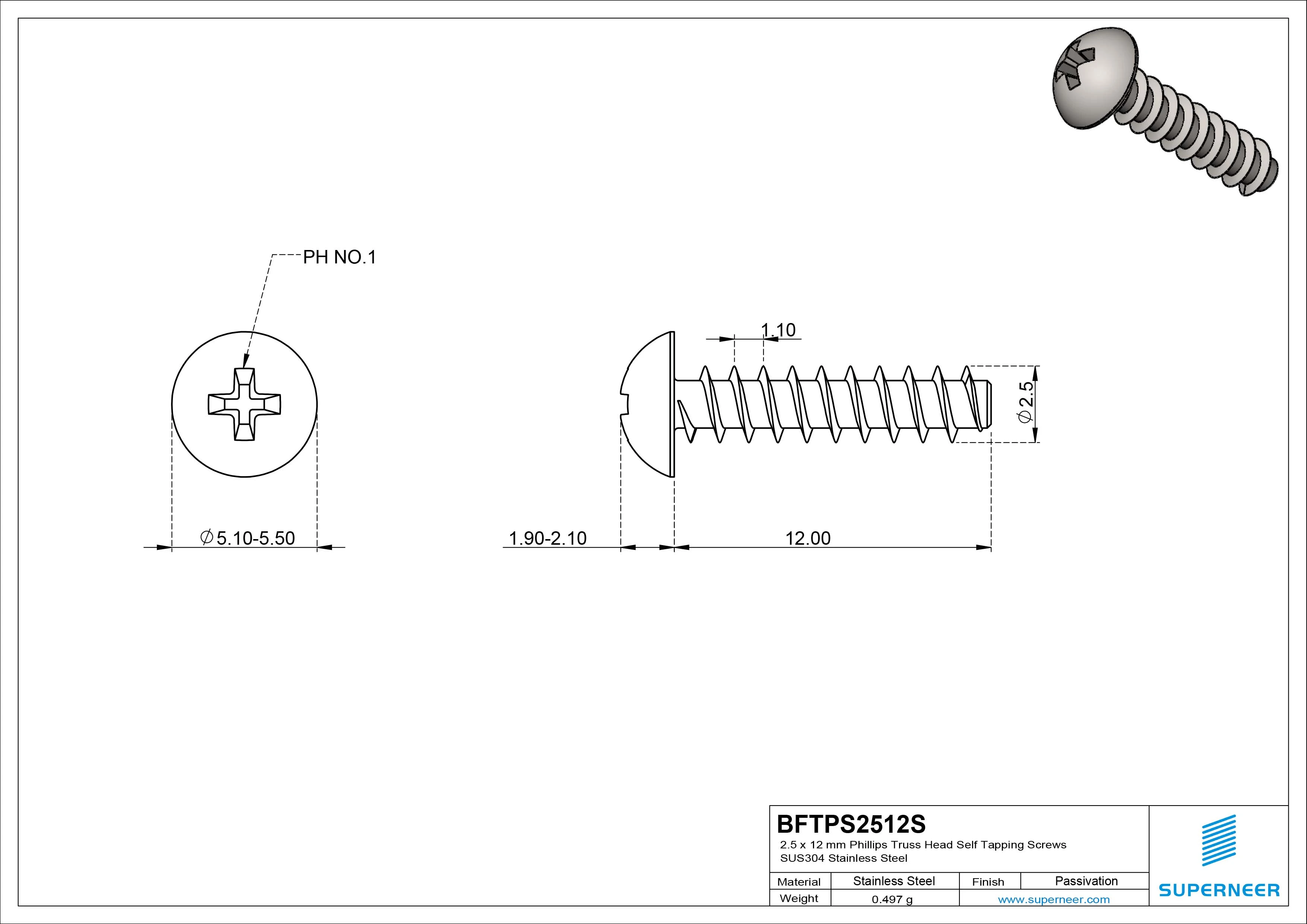 2.5 x 12mm Phillips Truss Head Self Tapping Screws SUS304 Stainless Steel