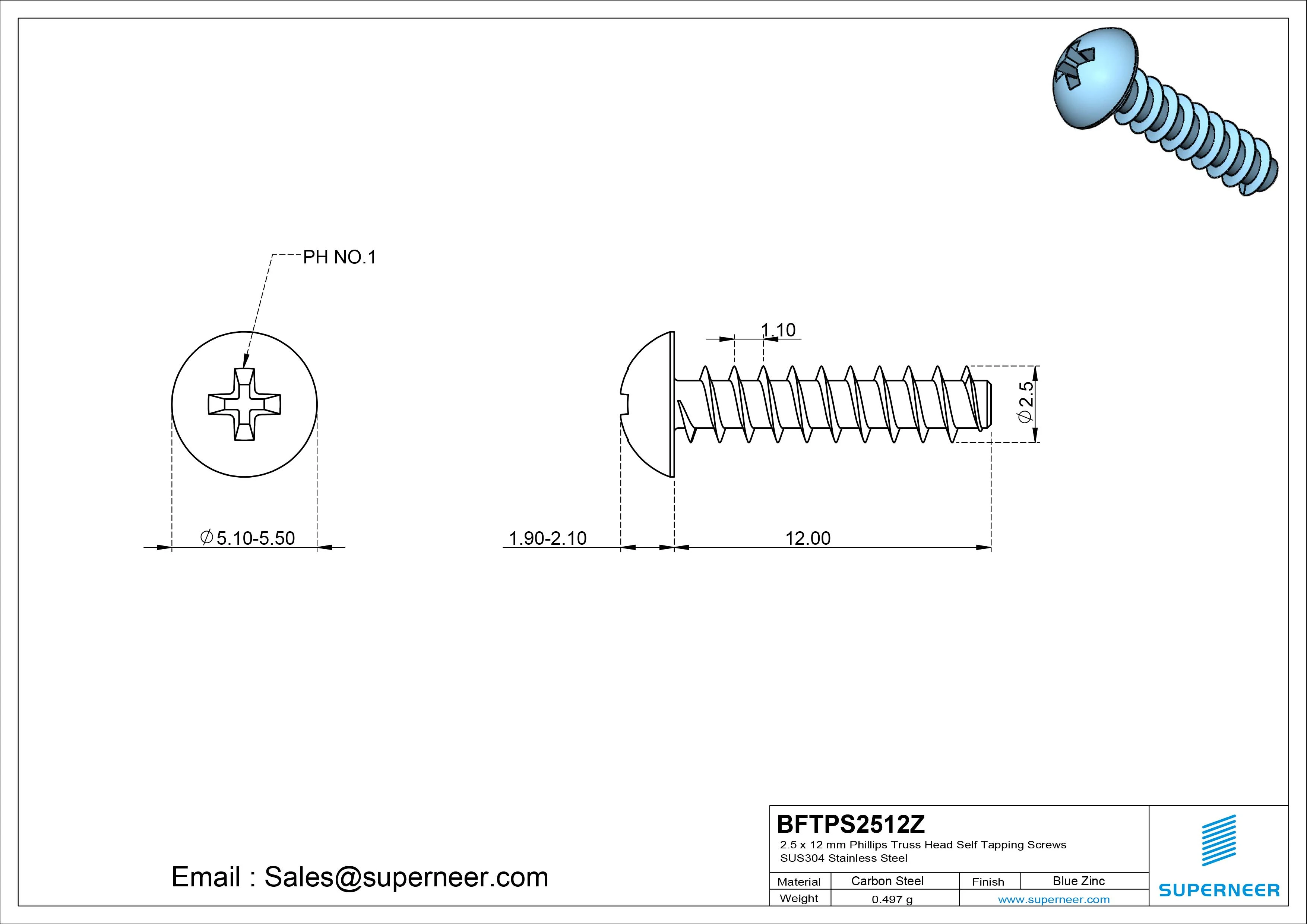 2.5 x 12mm Phillips Truss Head Self Tapping Screws Steel Blue Zinc Plated