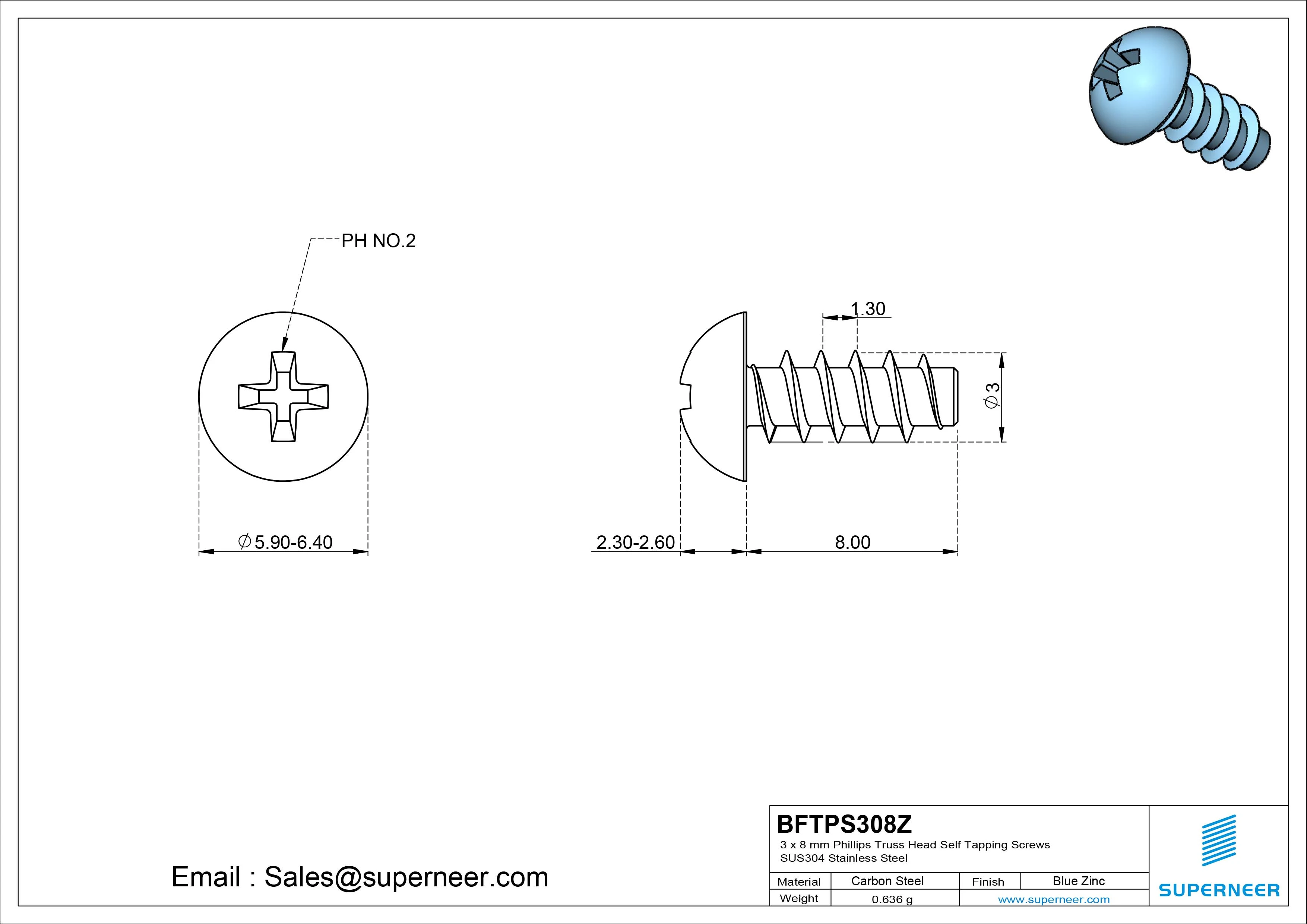 3 x 8mm Phillips Truss Head Self Tapping Screws Steel Blue Zinc Plated