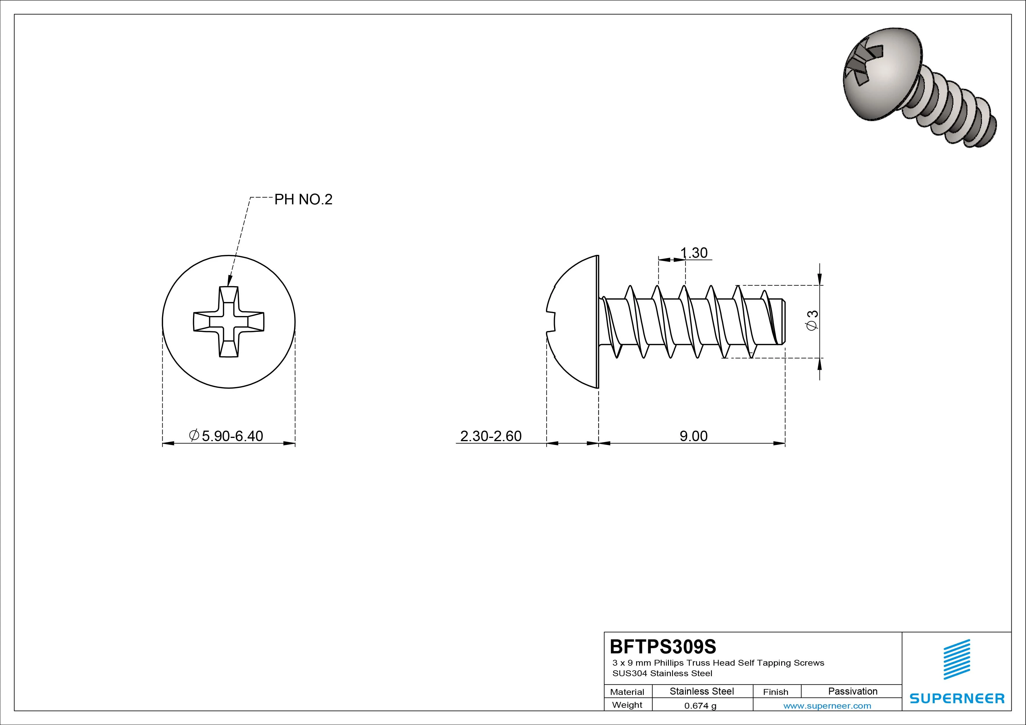 3 x 9mm Phillips Truss Head Self Tapping Screws SUS304 Stainless Steel