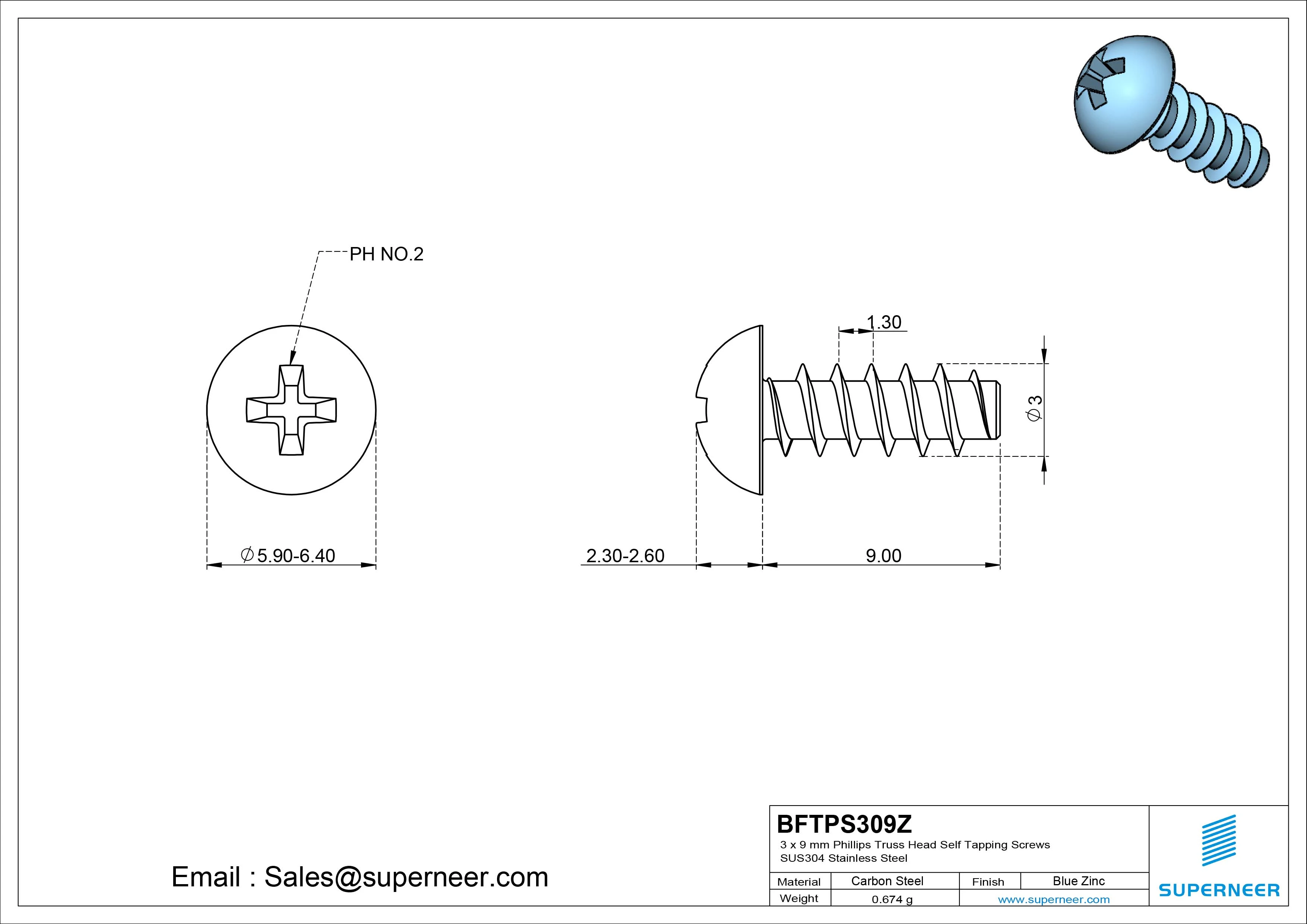 3 x 9mm Phillips Truss Head Self Tapping Screws Steel Blue Zinc Plated