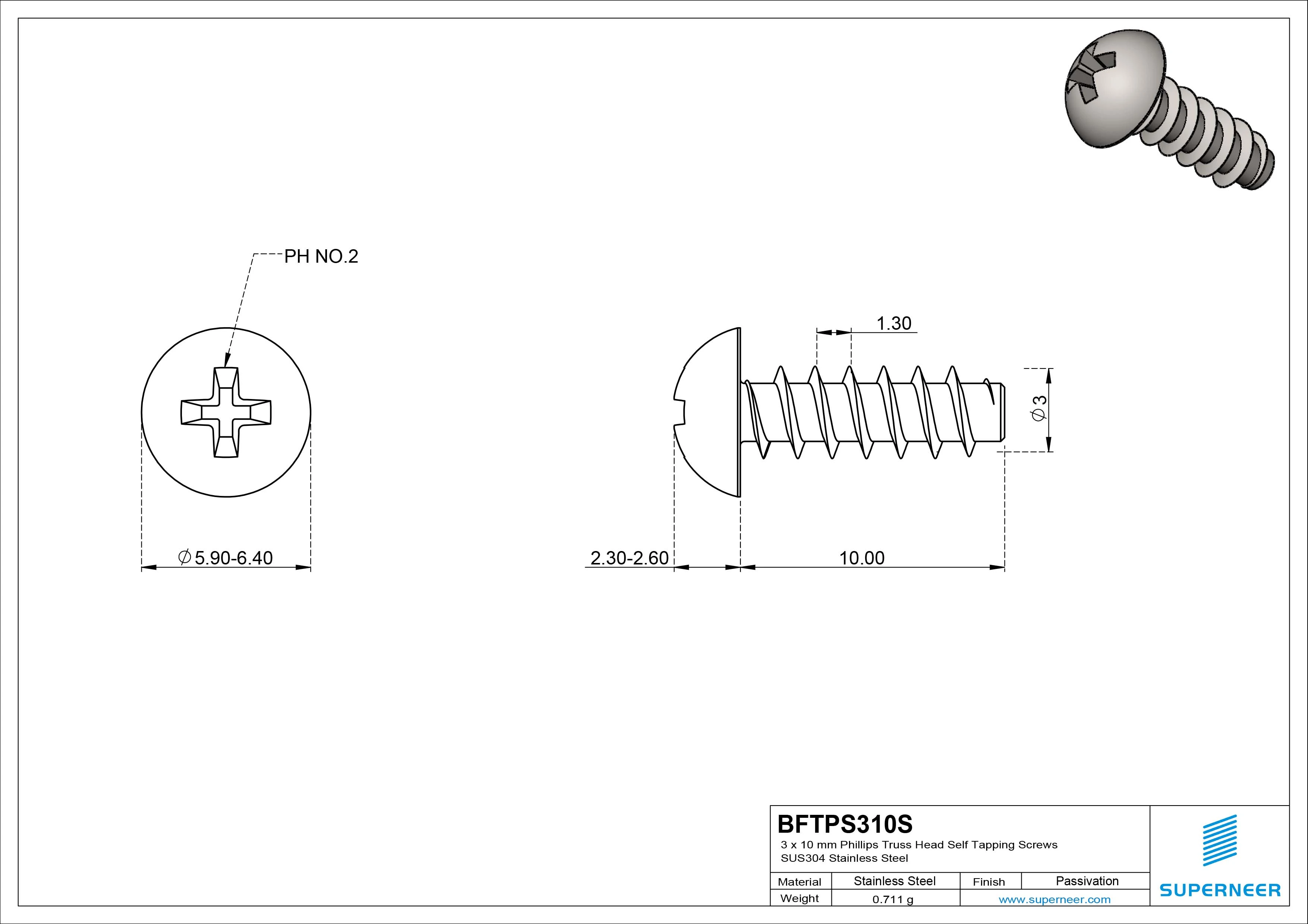 3 x 10mm Phillips Truss Head Self Tapping Screws SUS304 Stainless Steel