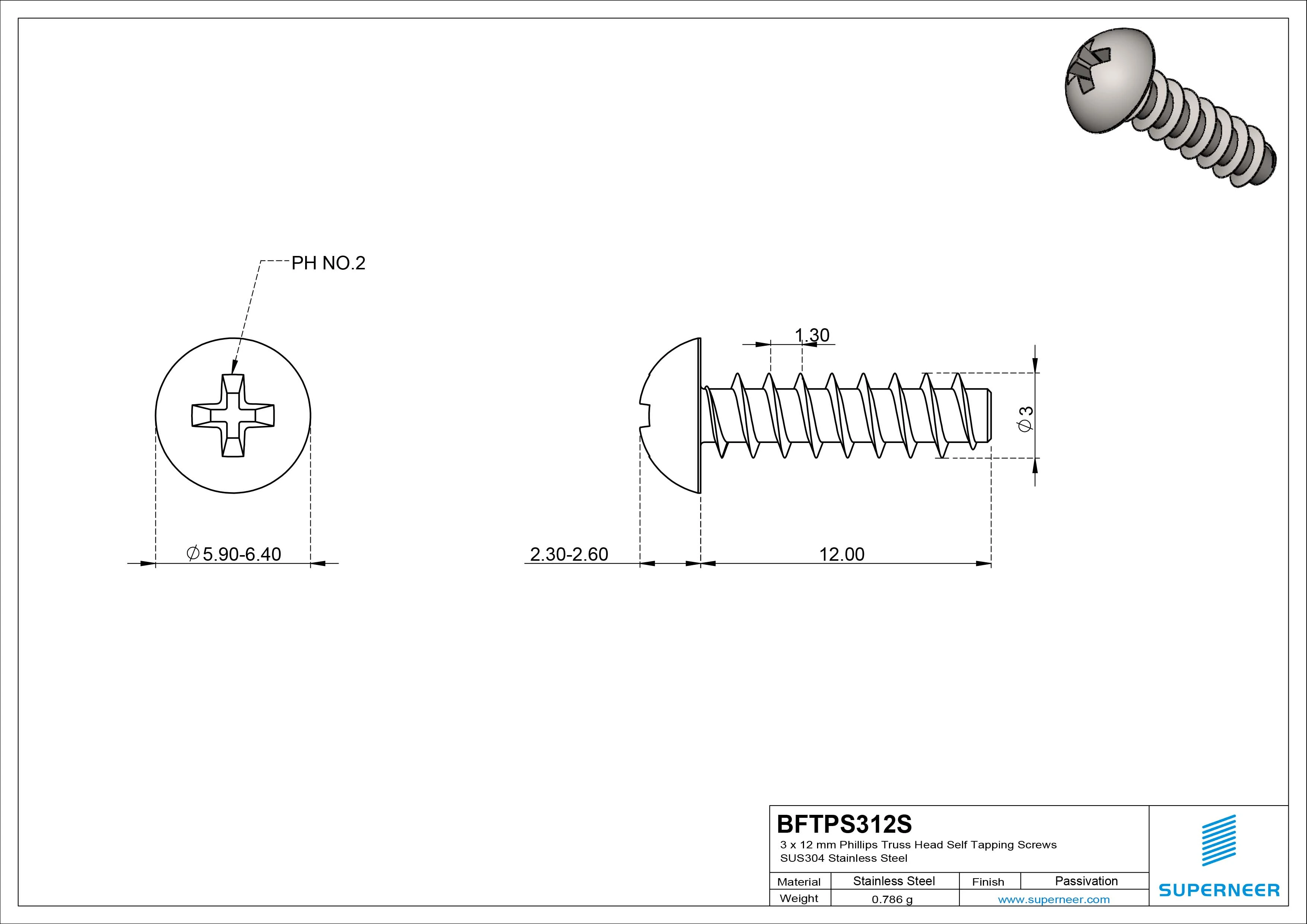 3 x 12mm Phillips Truss Head Self Tapping Screws SUS304 Stainless Steel