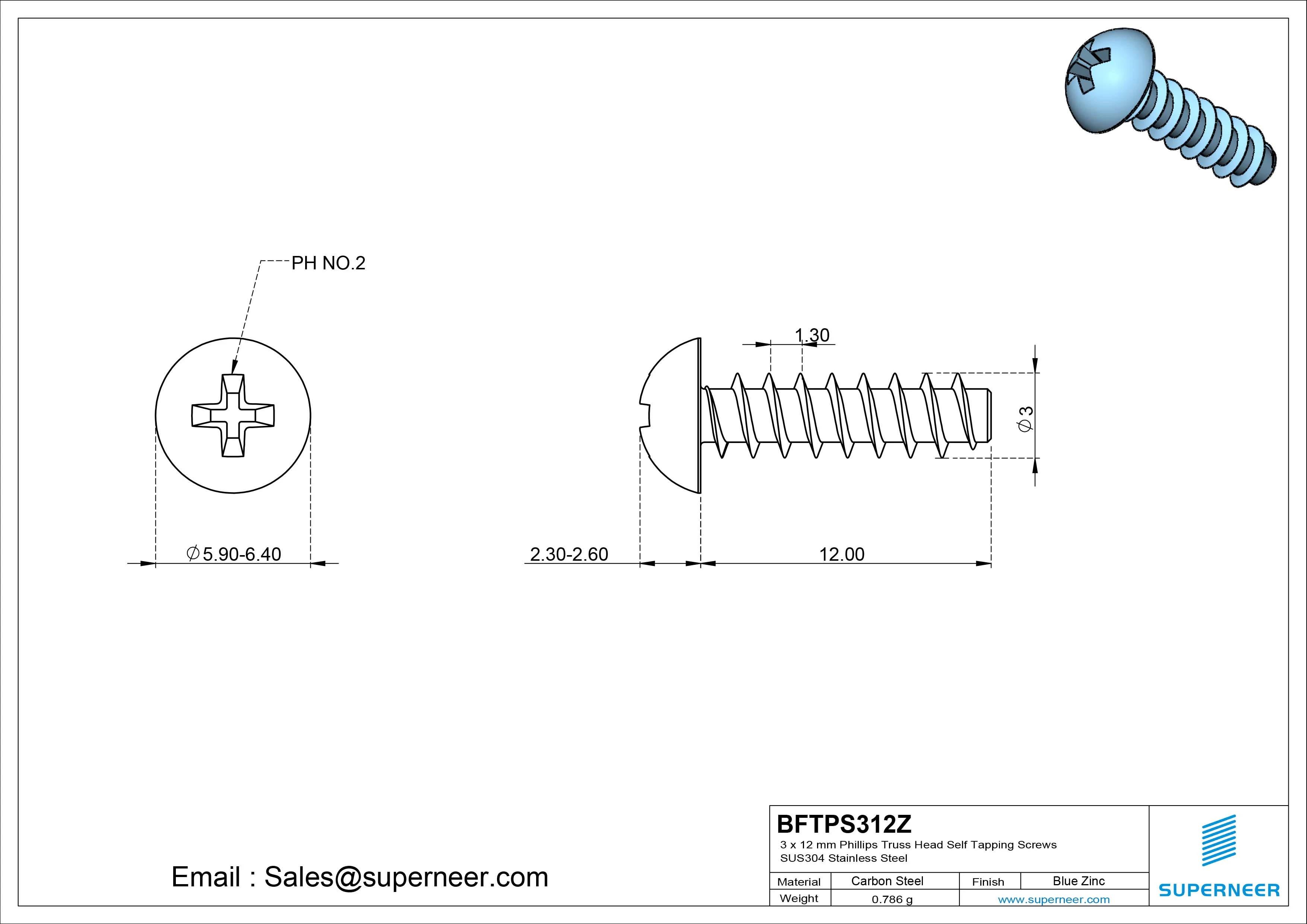 3 x 12mm Phillips Truss Head Self Tapping Screws Steel Blue Zinc Plated