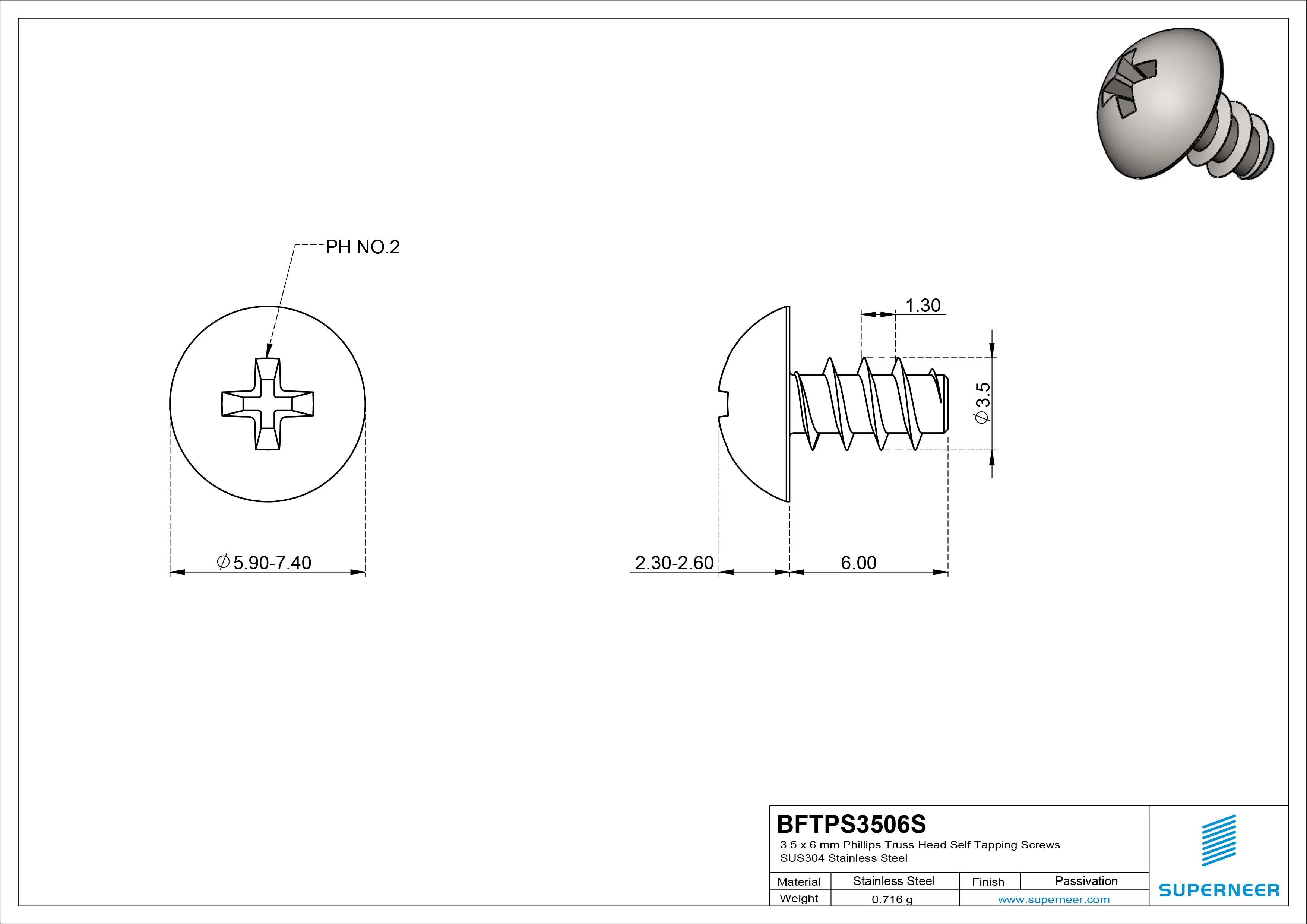 3.5 x 6mm Phillips Truss Head Self Tapping Screws SUS304 Stainless Steel