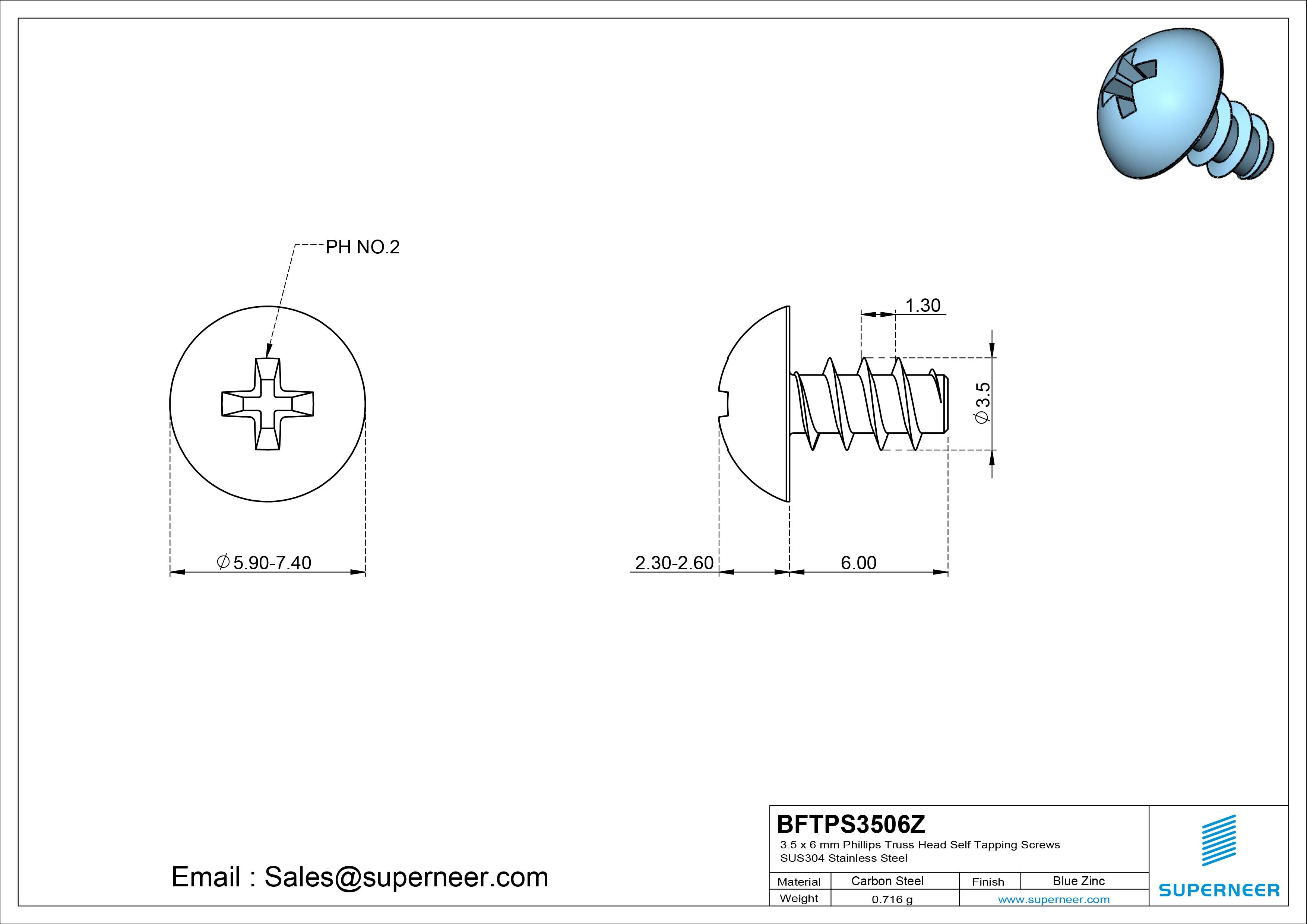 3.5 x 6mm Phillips Truss Head Self Tapping Screws Steel Blue Zinc Plated