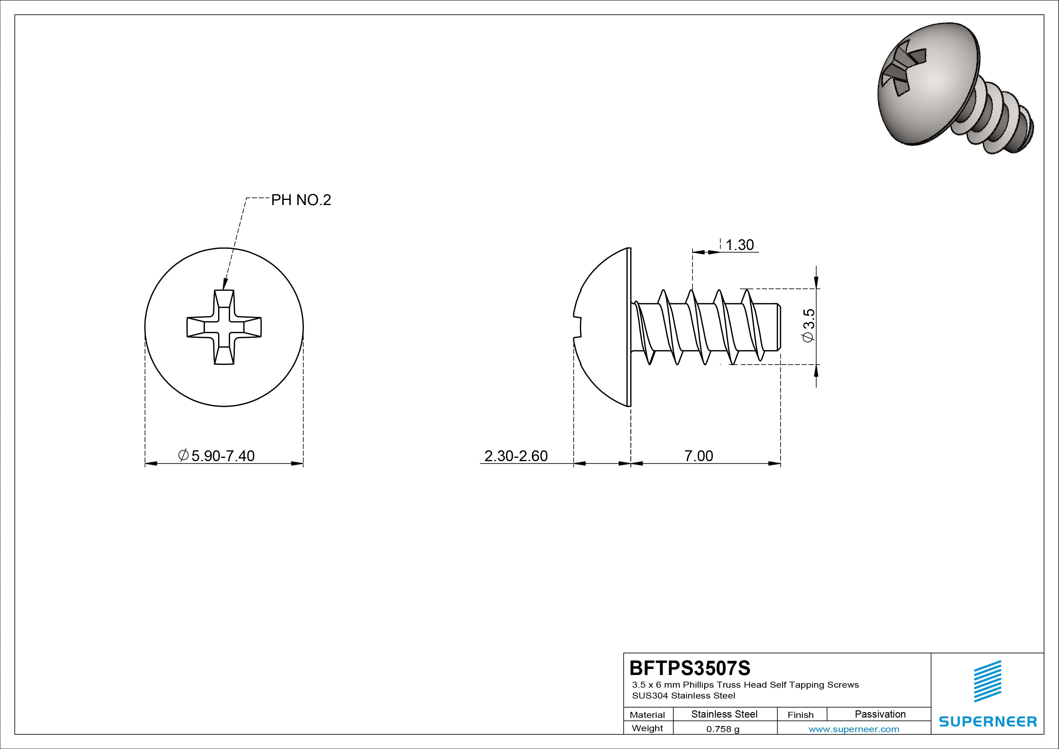 3.5 x 7mm Phillips Truss Head Self Tapping Screws SUS304 Stainless Steel