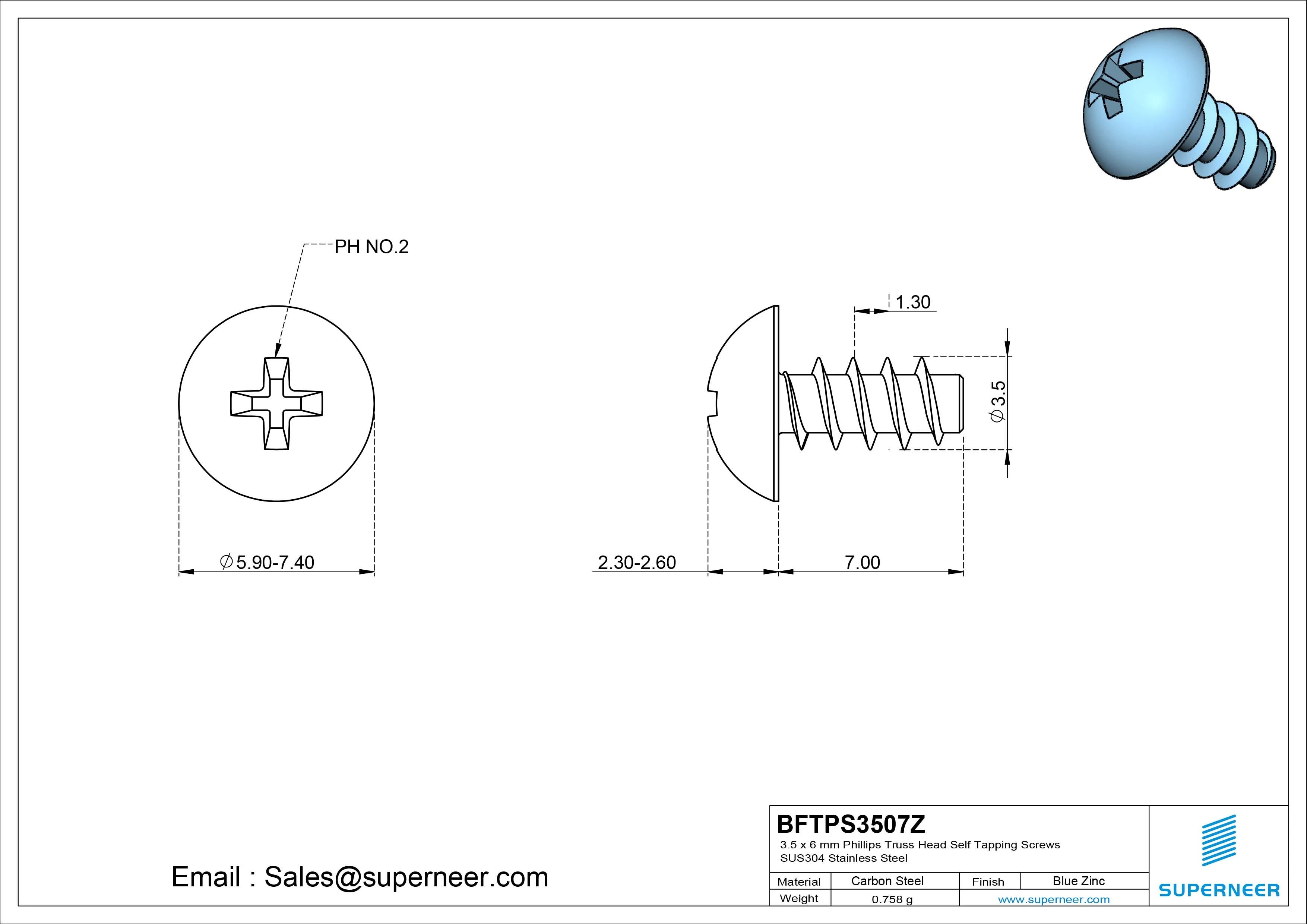 3.5 x 7mm Phillips Truss Head Self Tapping Screws Steel Blue Zinc Plated