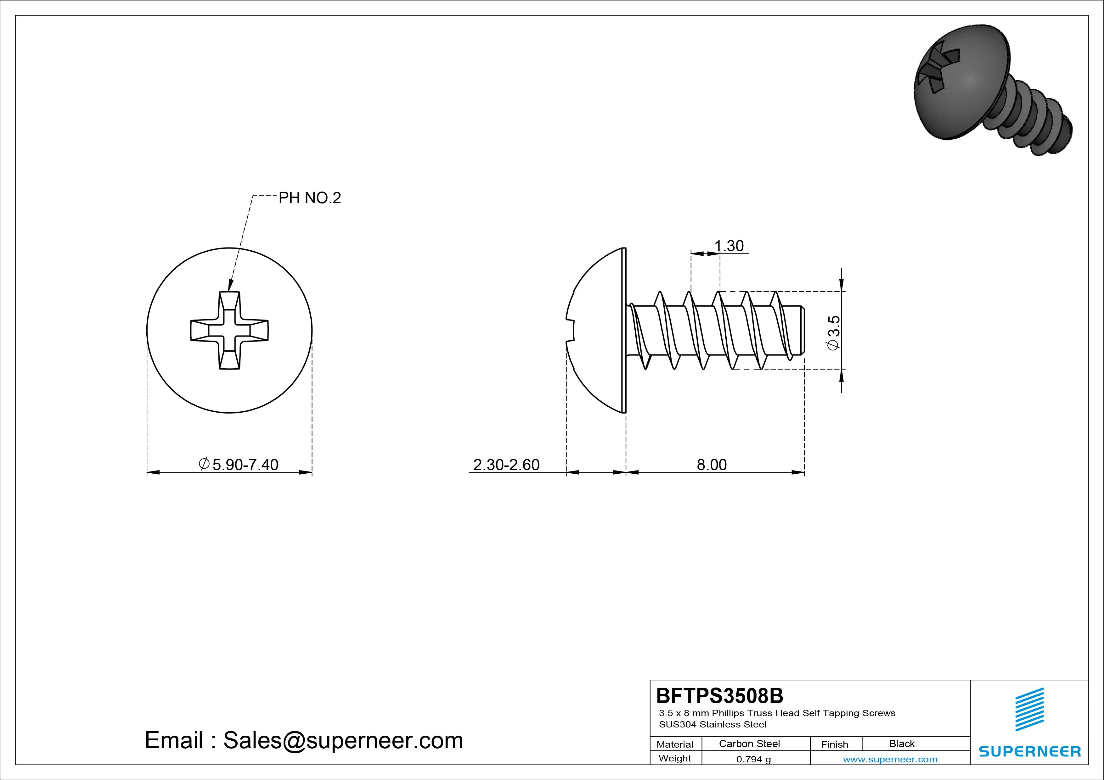 3.5 x 8mm Phillips Truss Head Self Tapping Screws Steel Black Zinc Plated