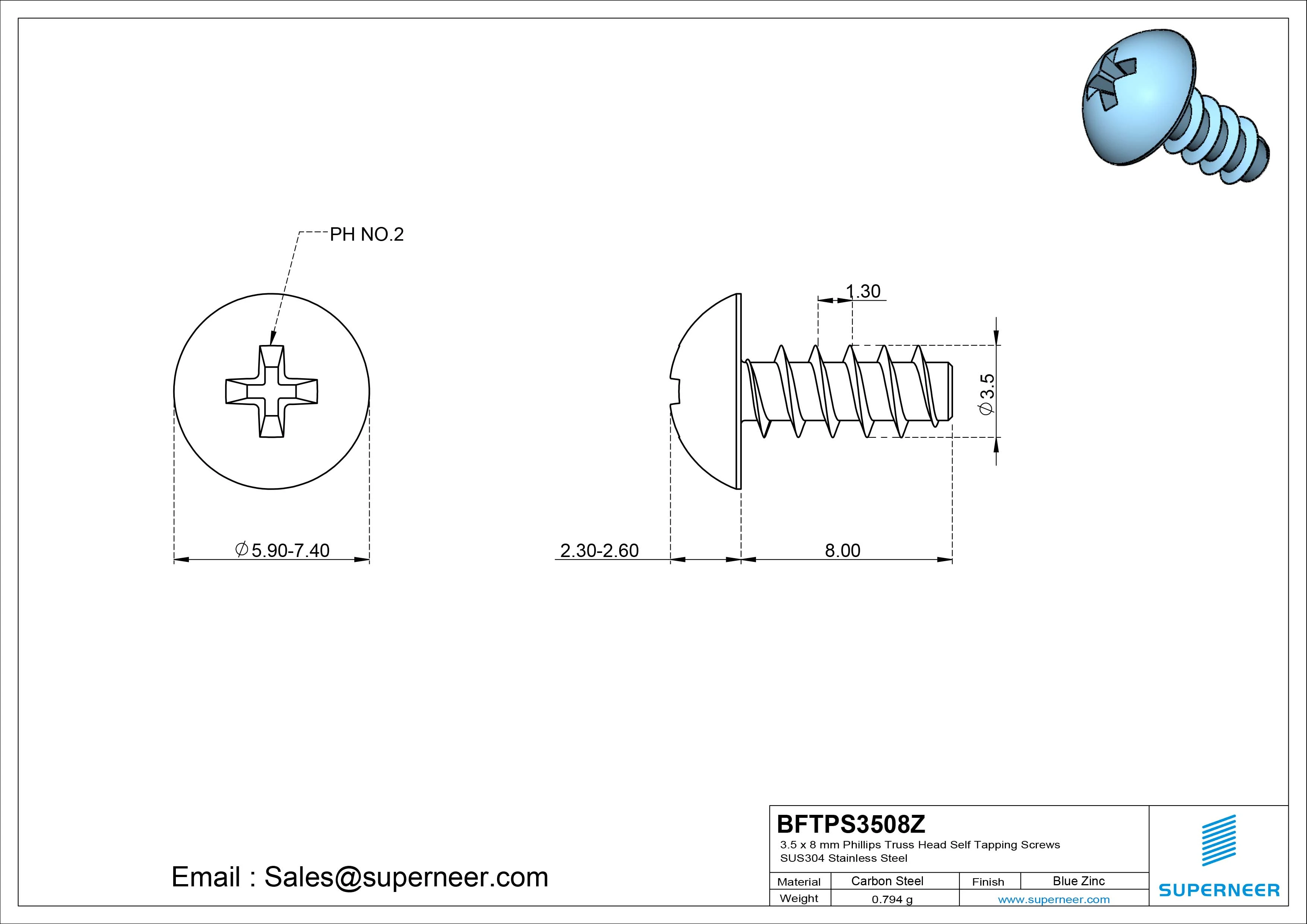 3.5 x 8mm Phillips Truss Head Self Tapping Screws Steel Blue Zinc Plated