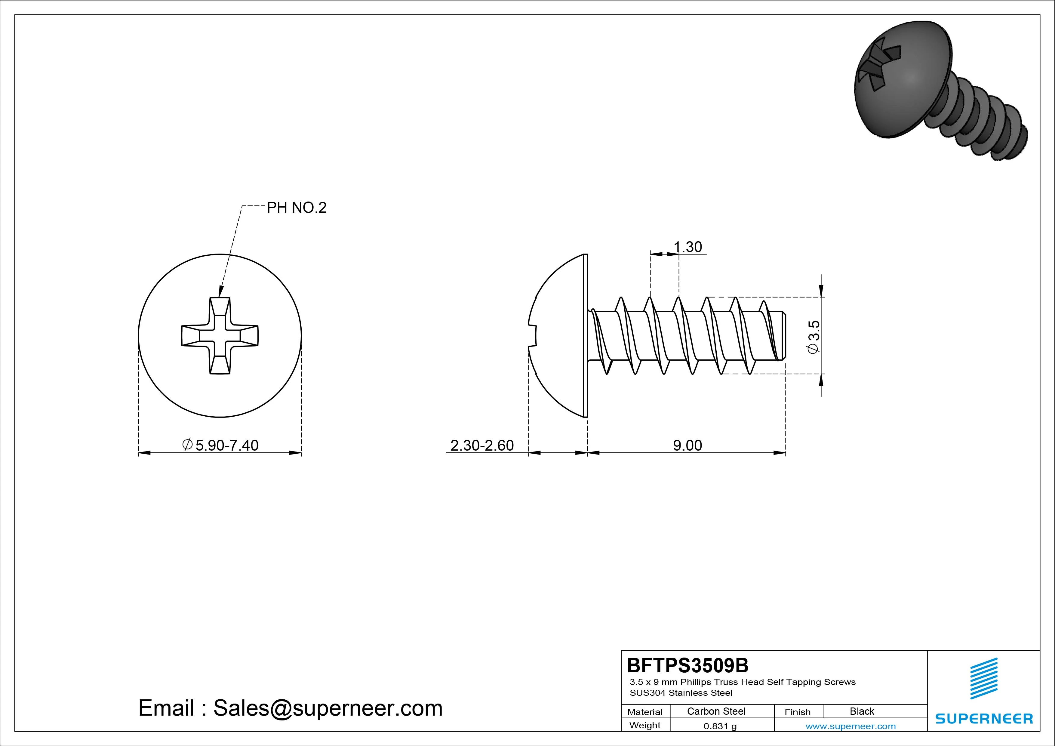 3.5 x 9mm Phillips Truss Head Self Tapping Screws Steel Black Zinc Plated