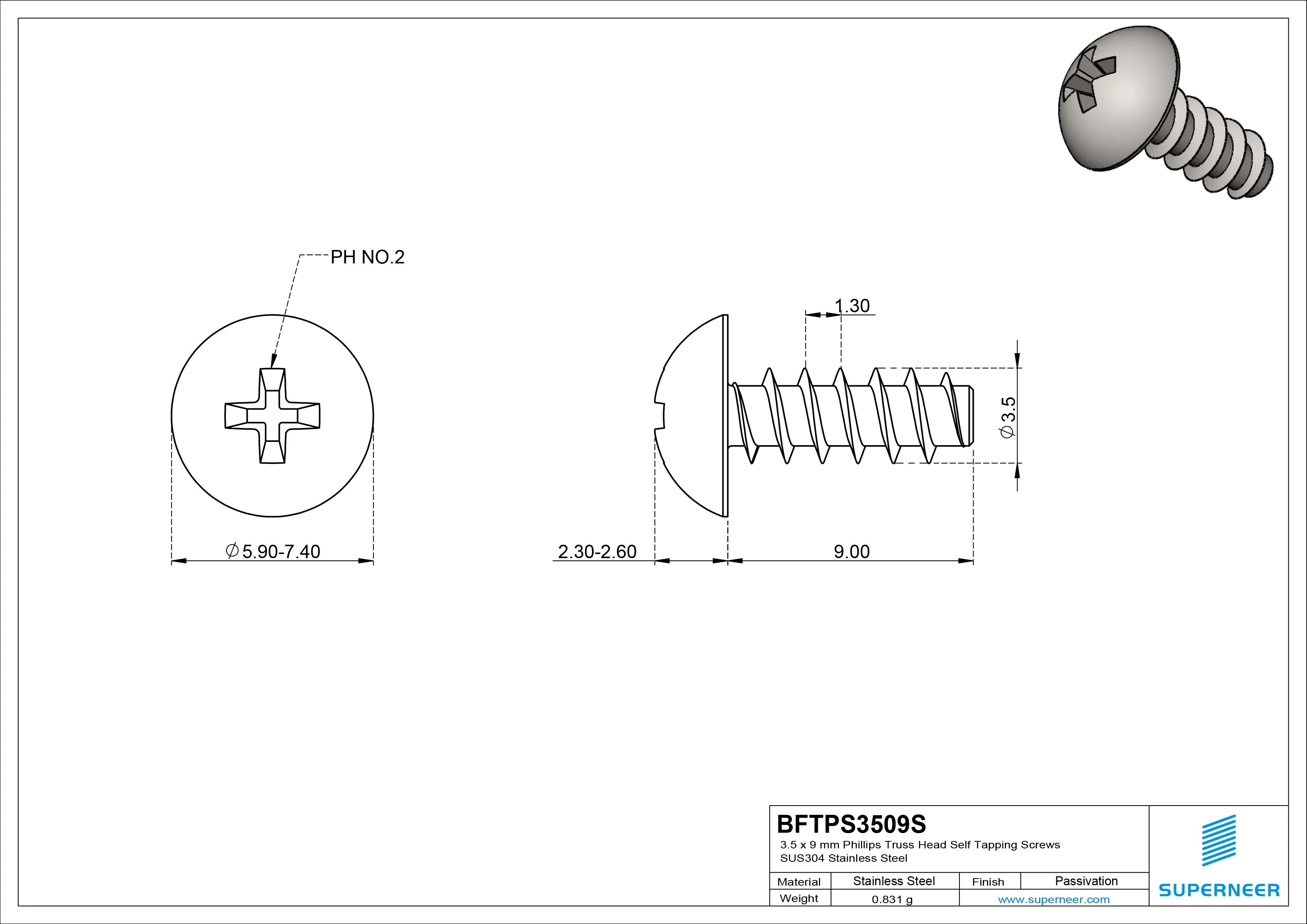 3.5 x 9mm Phillips Truss Head Self Tapping Screws SUS304 Stainless Steel