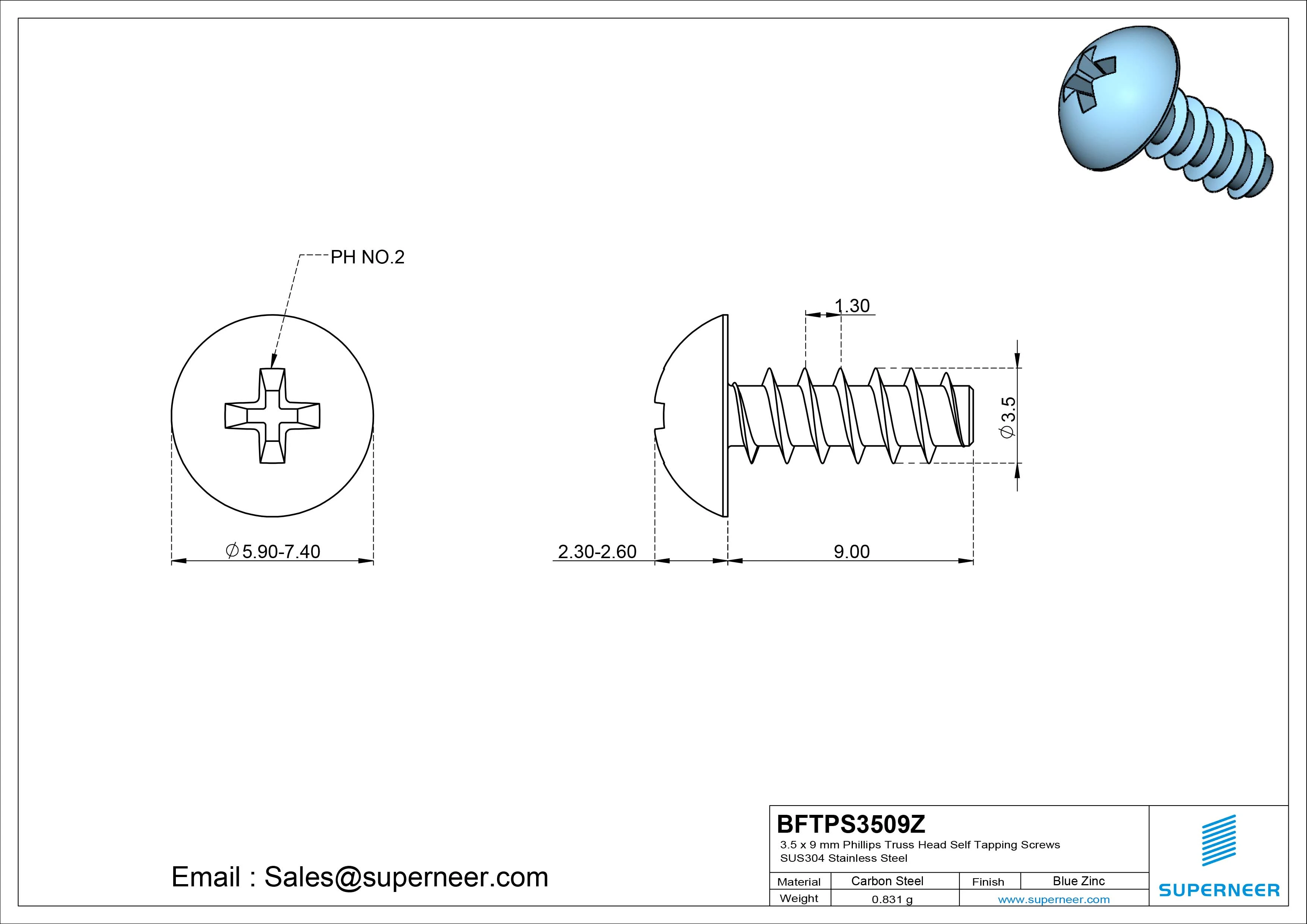 3.5 x 9mm Phillips Truss Head Self Tapping Screws Steel Blue Zinc Plated