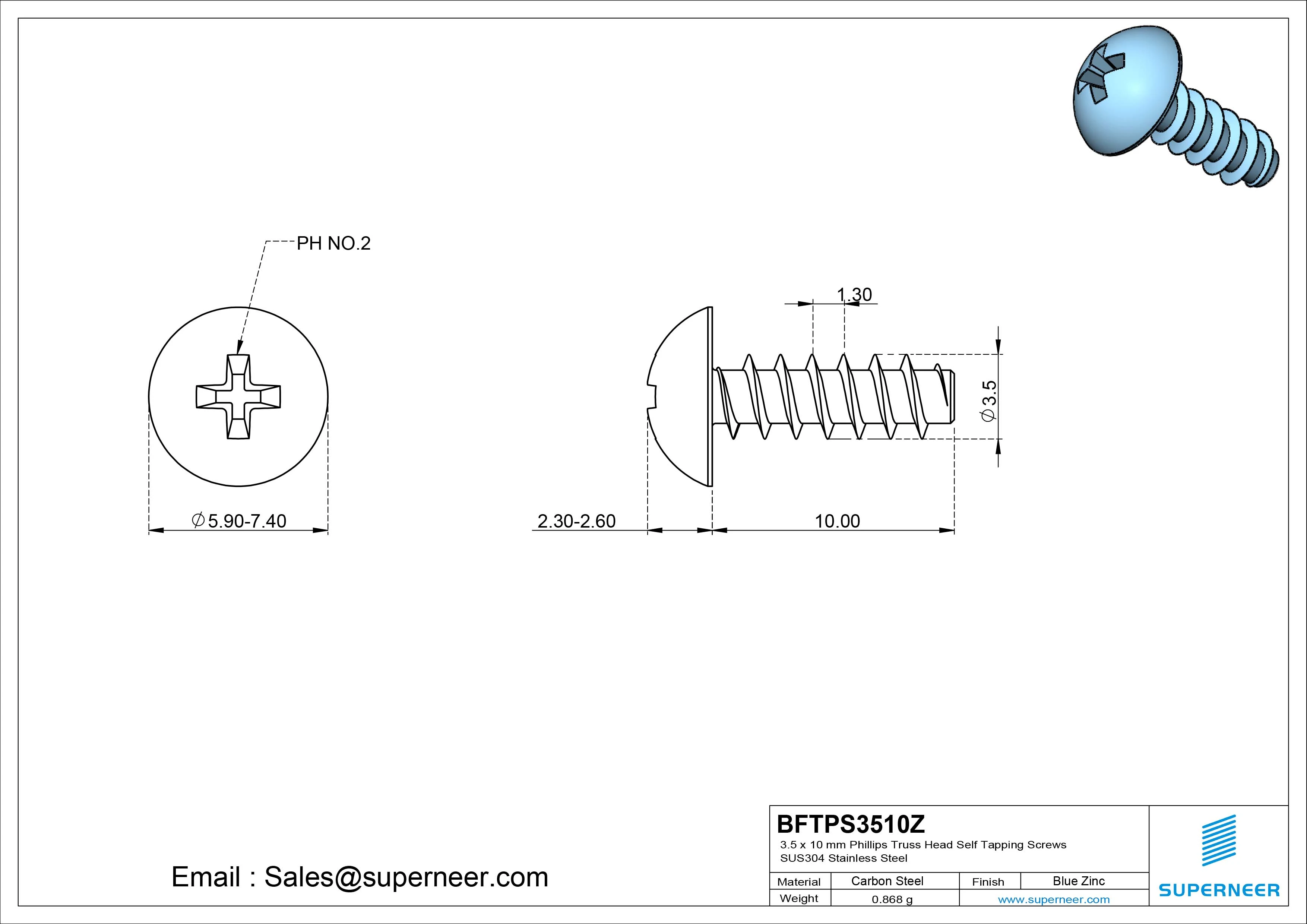 3.5 x 10mm Phillips Truss Head Self Tapping Screws Steel Blue Zinc Plated