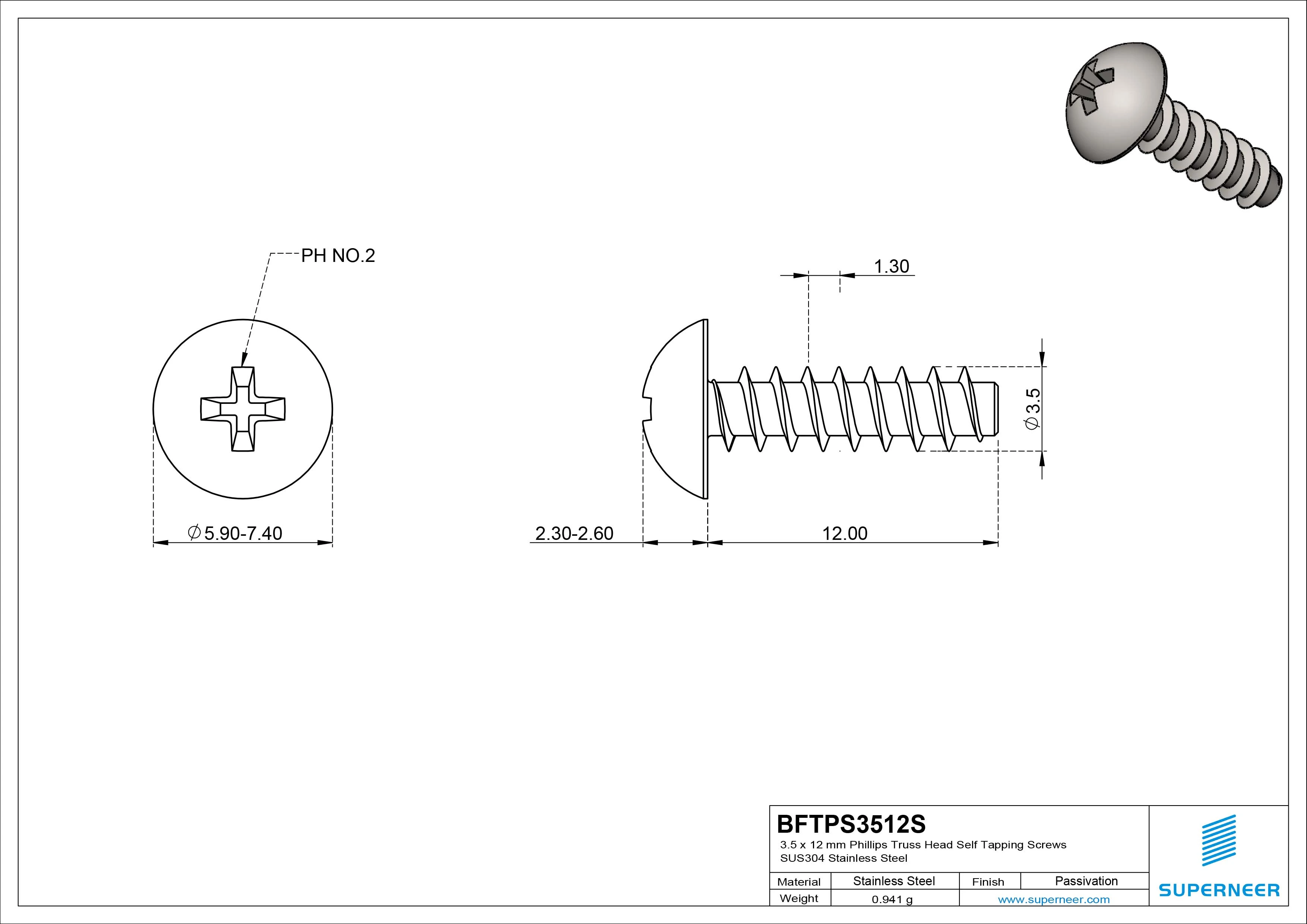 3.5 x 12mm Phillips Truss Head Self Tapping Screws SUS304 Stainless Steel