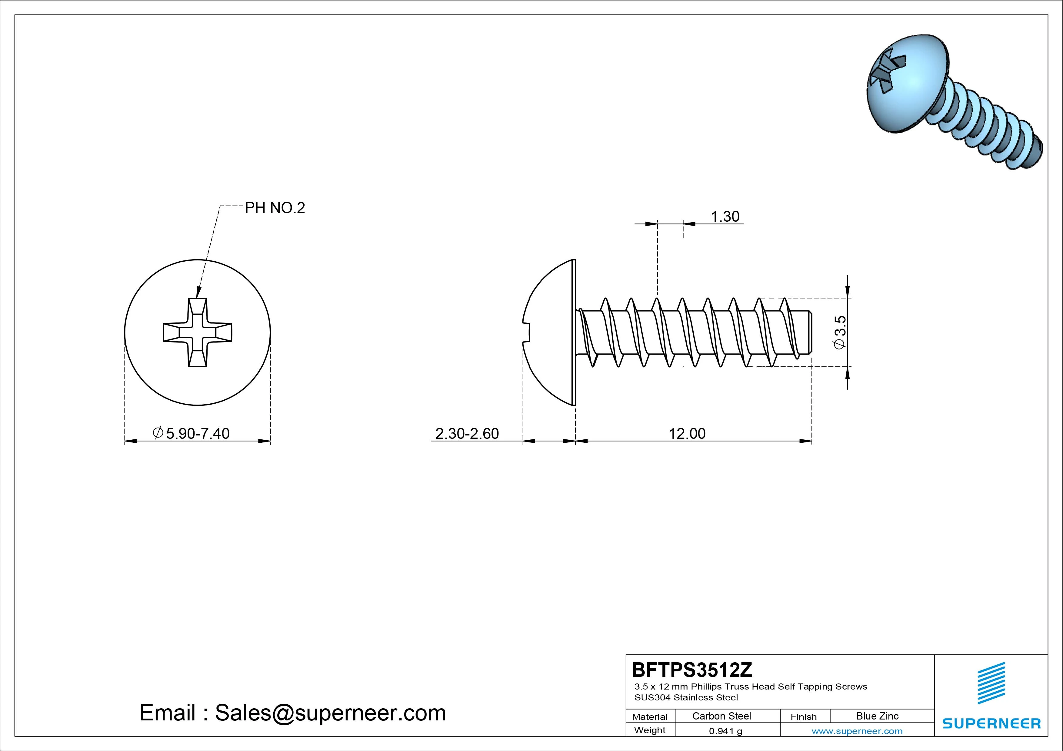 3.5 x 12mm Phillips Truss Head Self Tapping Screws Steel Blue Zinc Plated