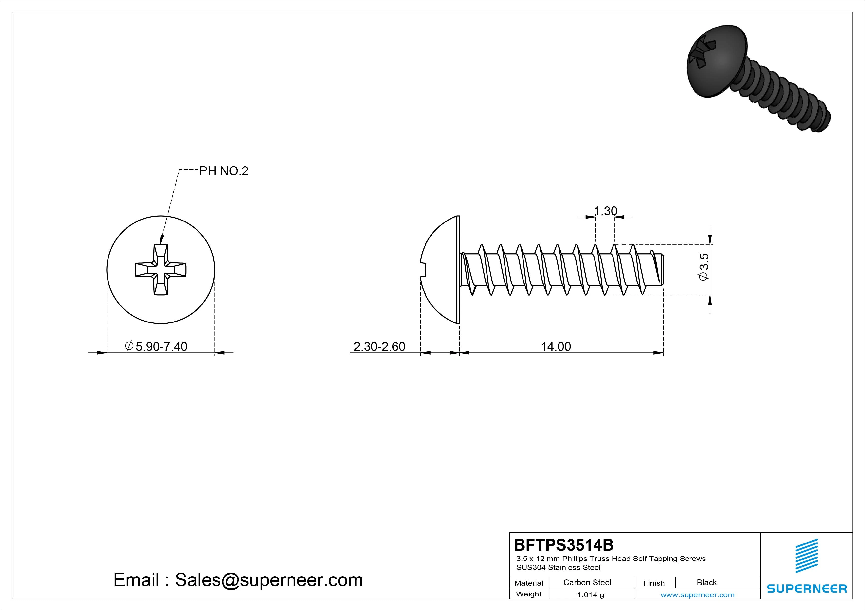 3.5 x 14mm Phillips Truss Head Self Tapping Screws Steel Black Zinc Plated