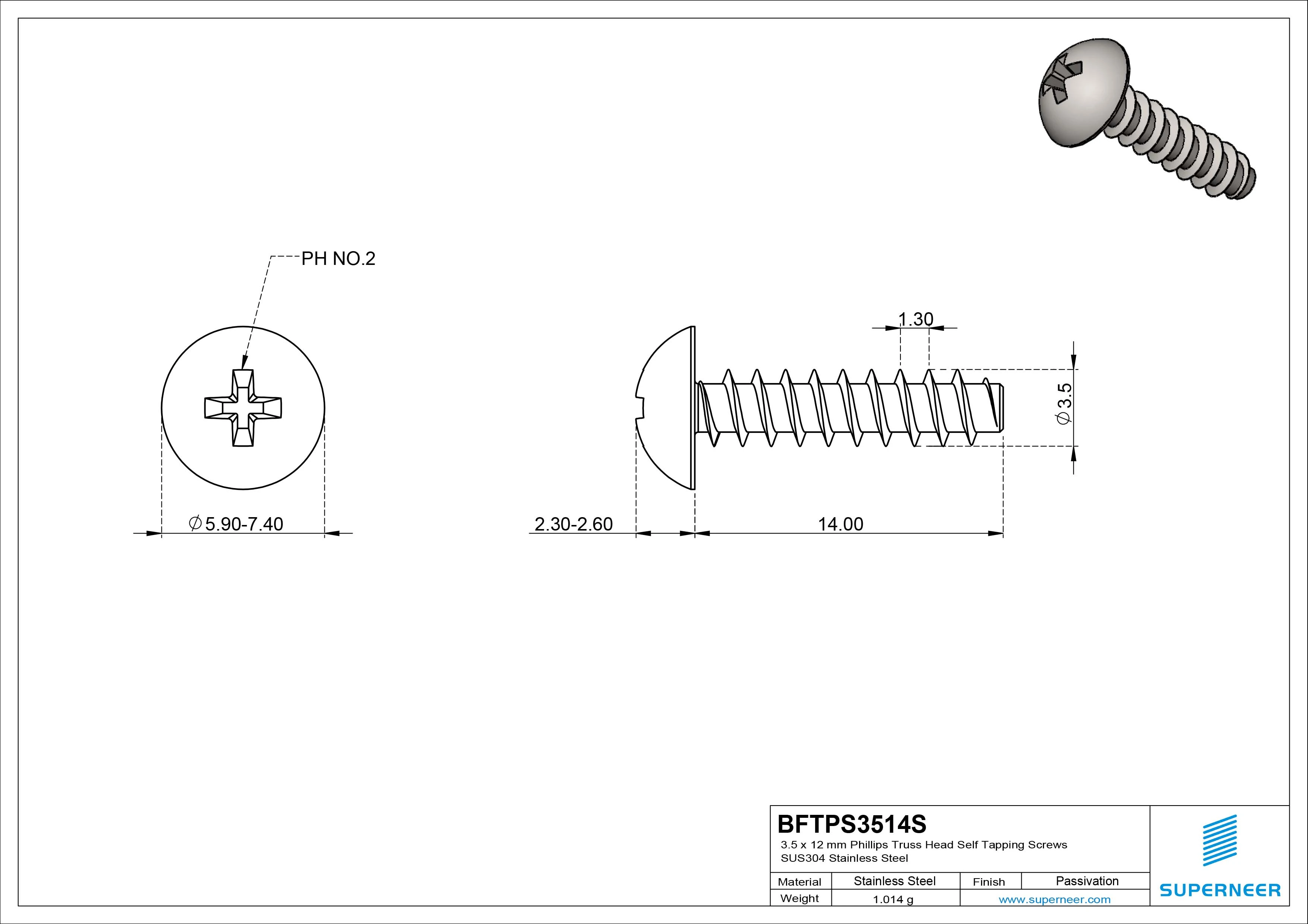 3.5 x 14mm Phillips Truss Head Self Tapping Screws SUS304 Stainless Steel