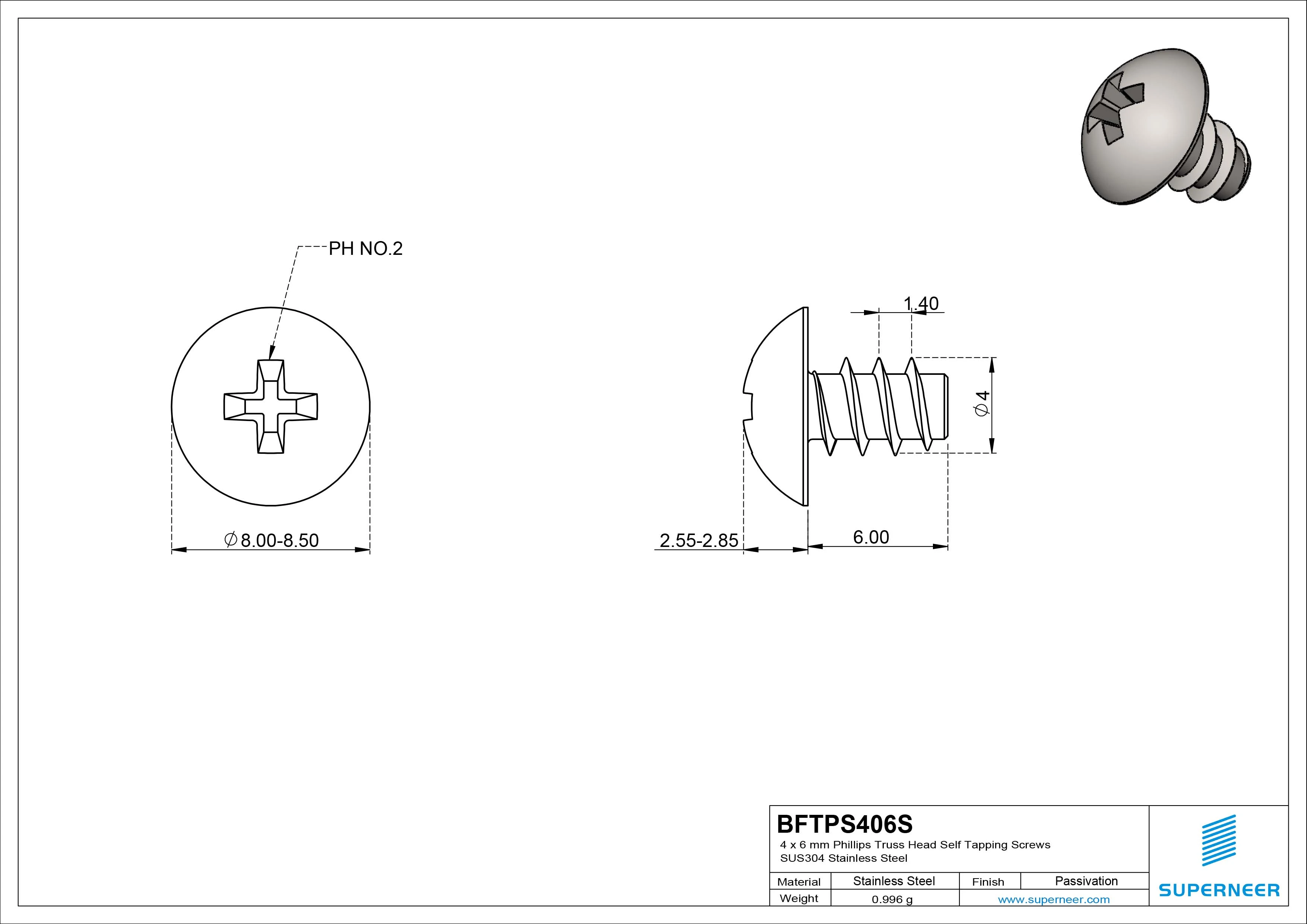 4 x 6mm Phillips Truss Head Self Tapping Screws SUS304 Stainless Steel