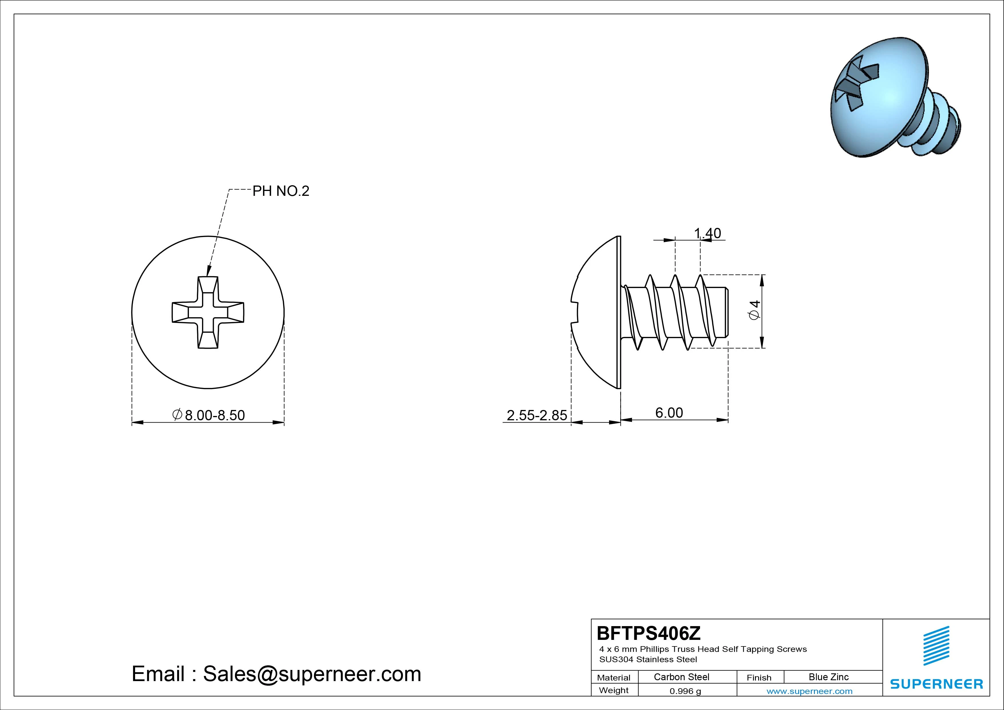 4 x 6mm Phillips Truss Head Self Tapping Screws Steel Blue Zinc Plated