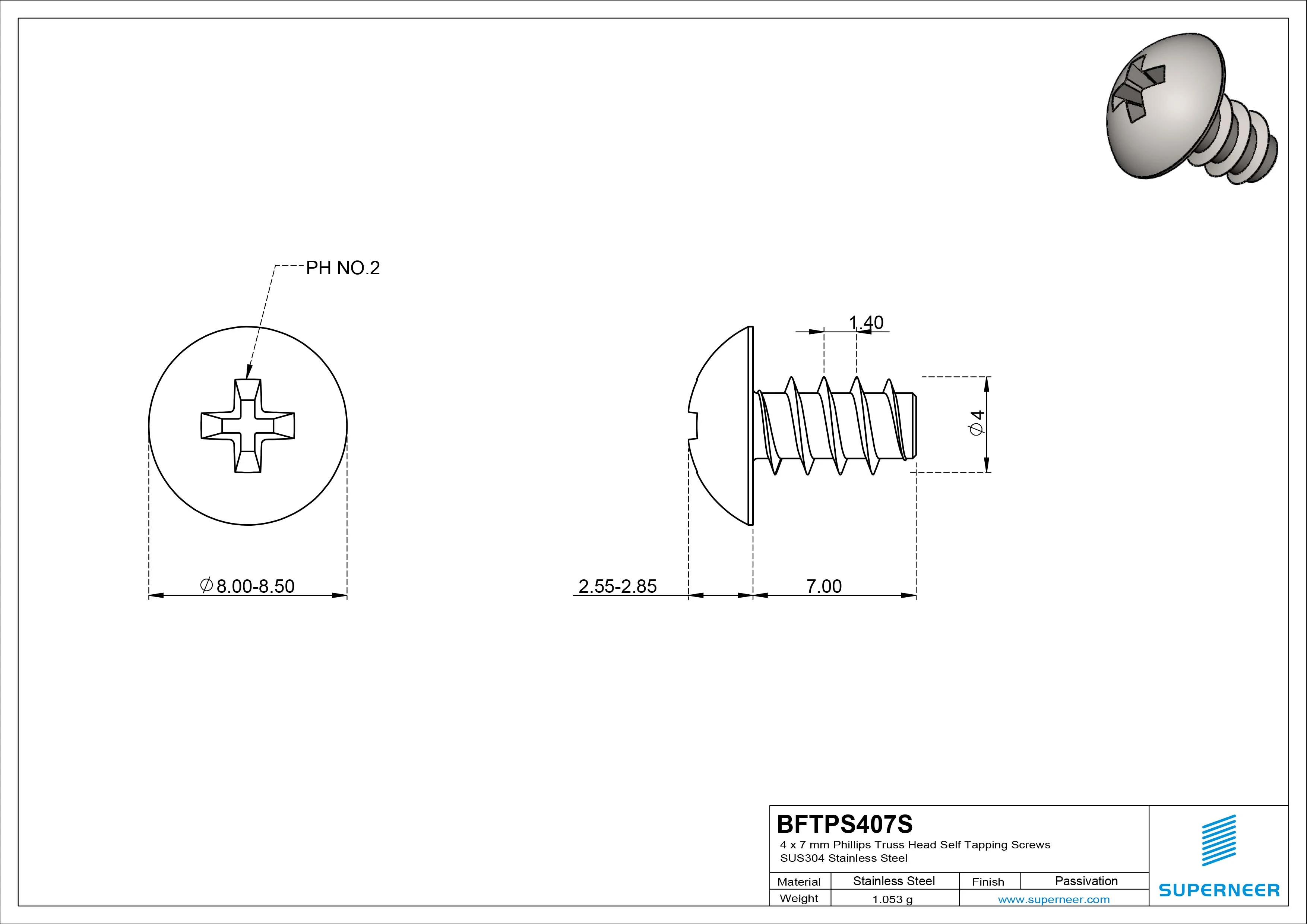 4 x 7mm Phillips Truss Head Self Tapping Screws SUS304 Stainless Steel