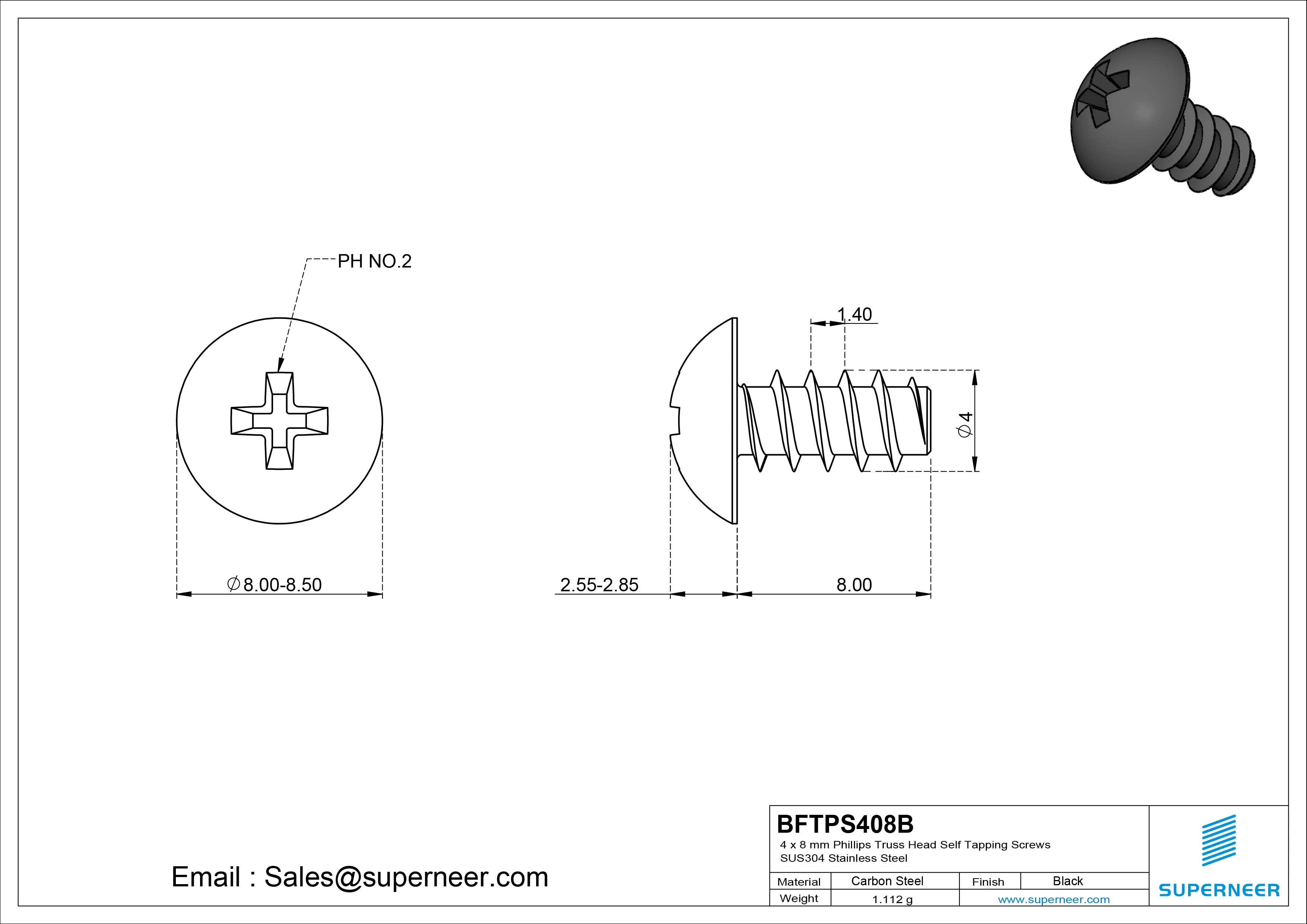 4 x 8mm Phillips Truss Head Self Tapping Screws Steel Black Zinc Plated