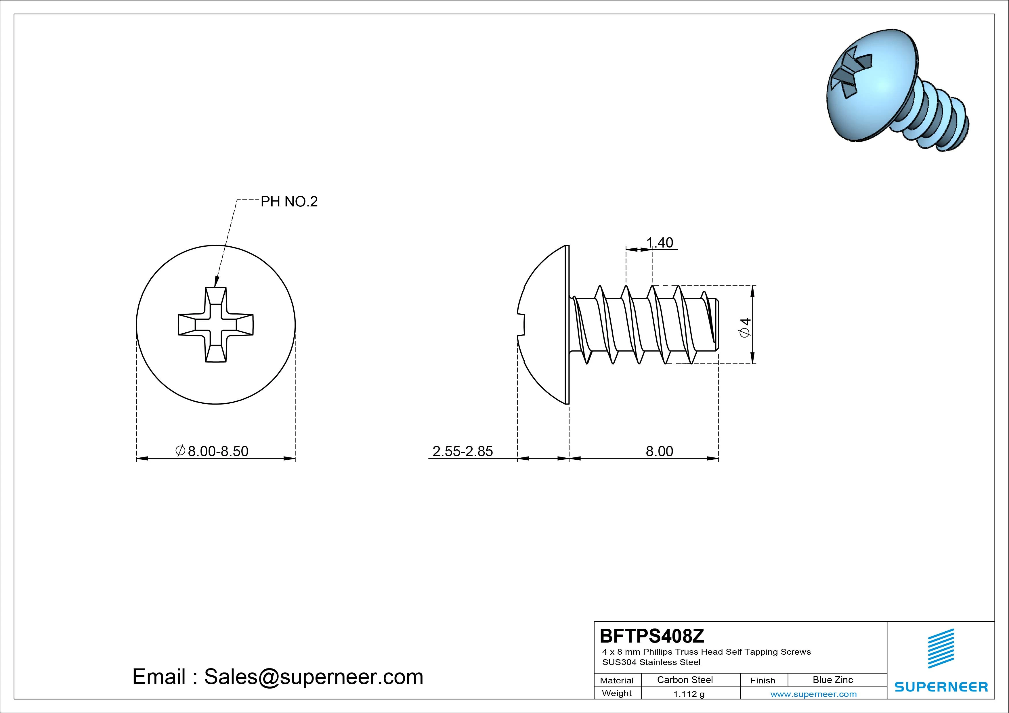 4 x 8mm Phillips Truss Head Self Tapping Screws Steel Blue Zinc Plated