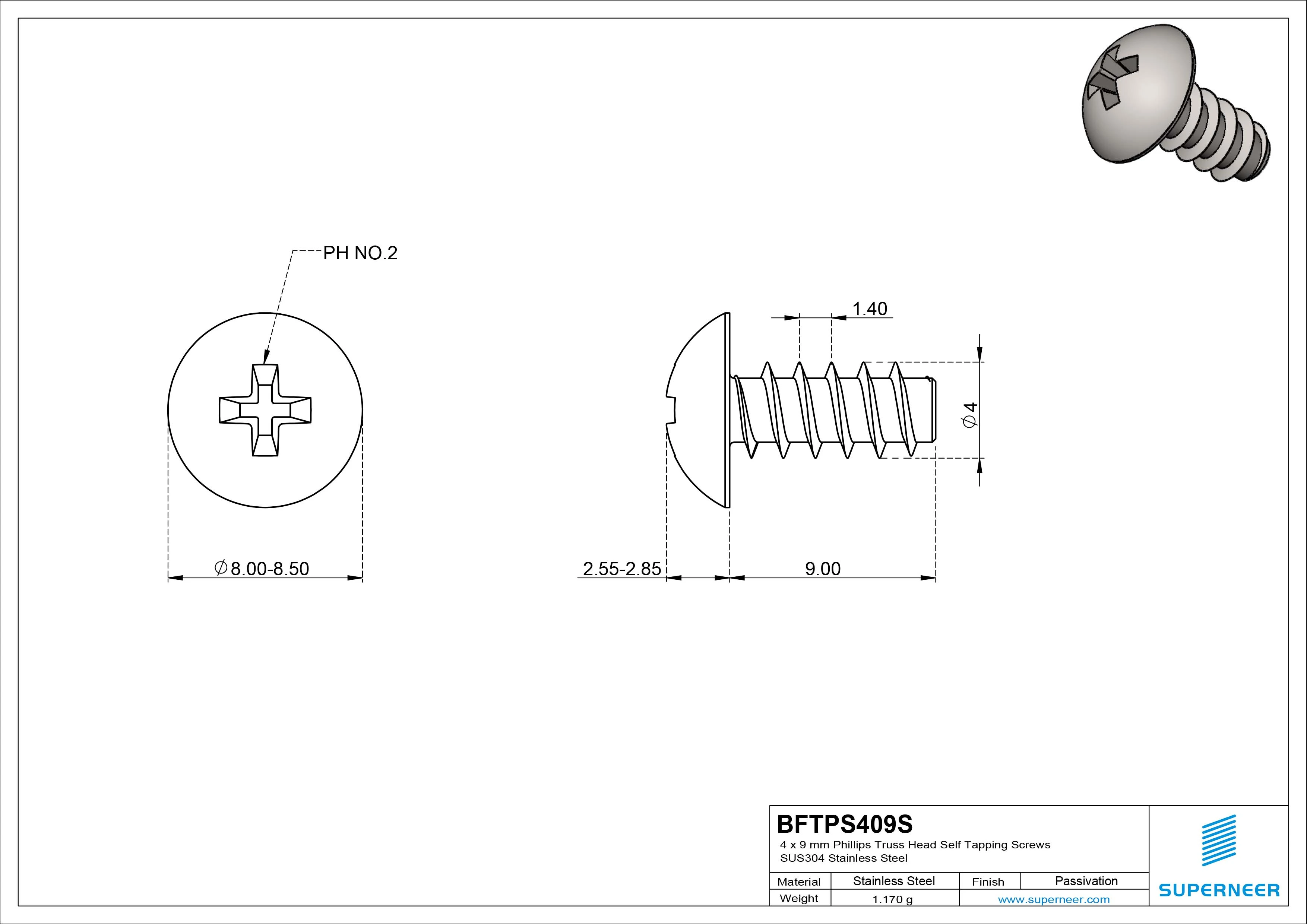 4 x 9mm Phillips Truss Head Self Tapping Screws SUS304 Stainless Steel