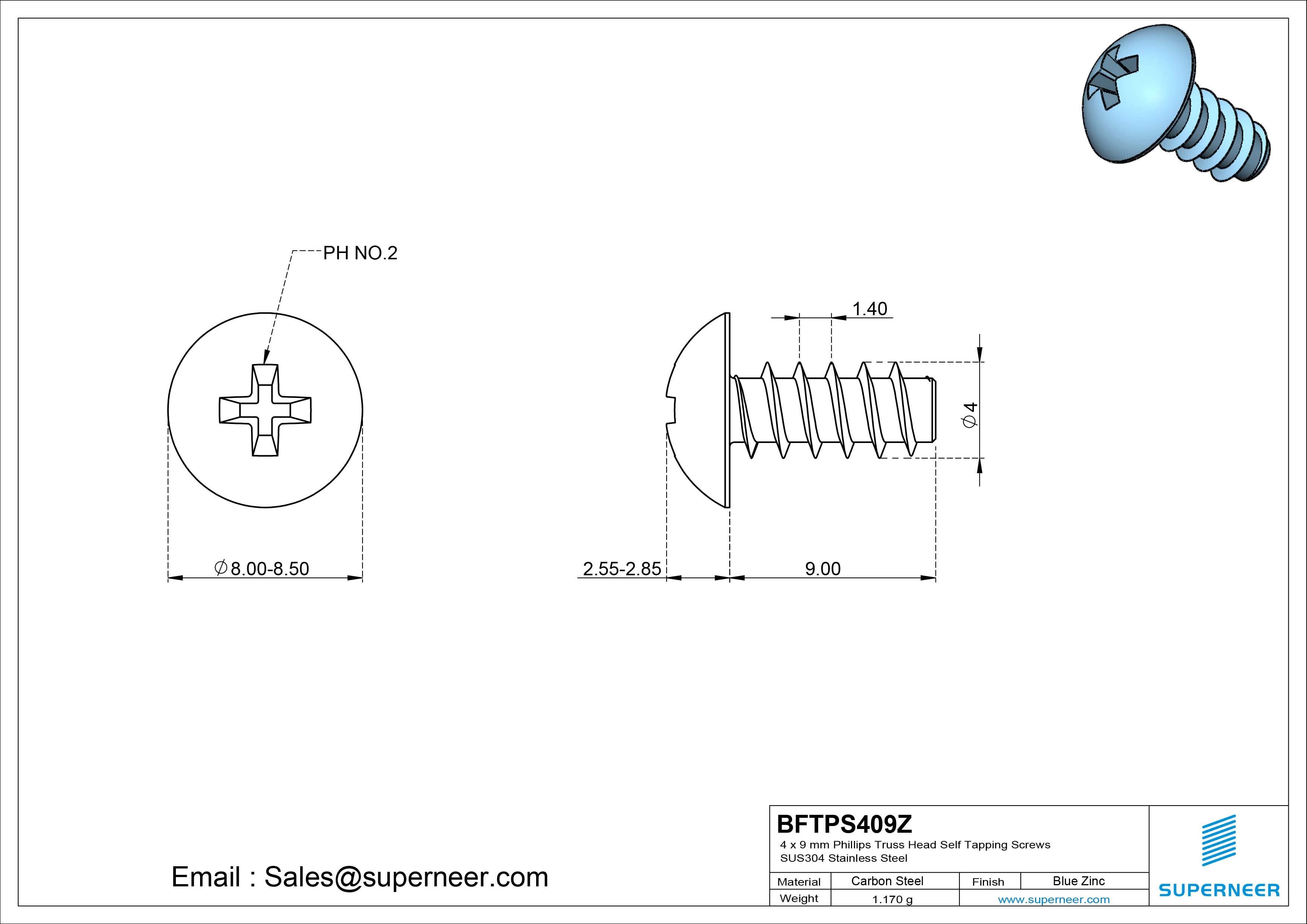 4 x 9mm Phillips Truss Head Self Tapping Screws Steel Blue Zinc Plated