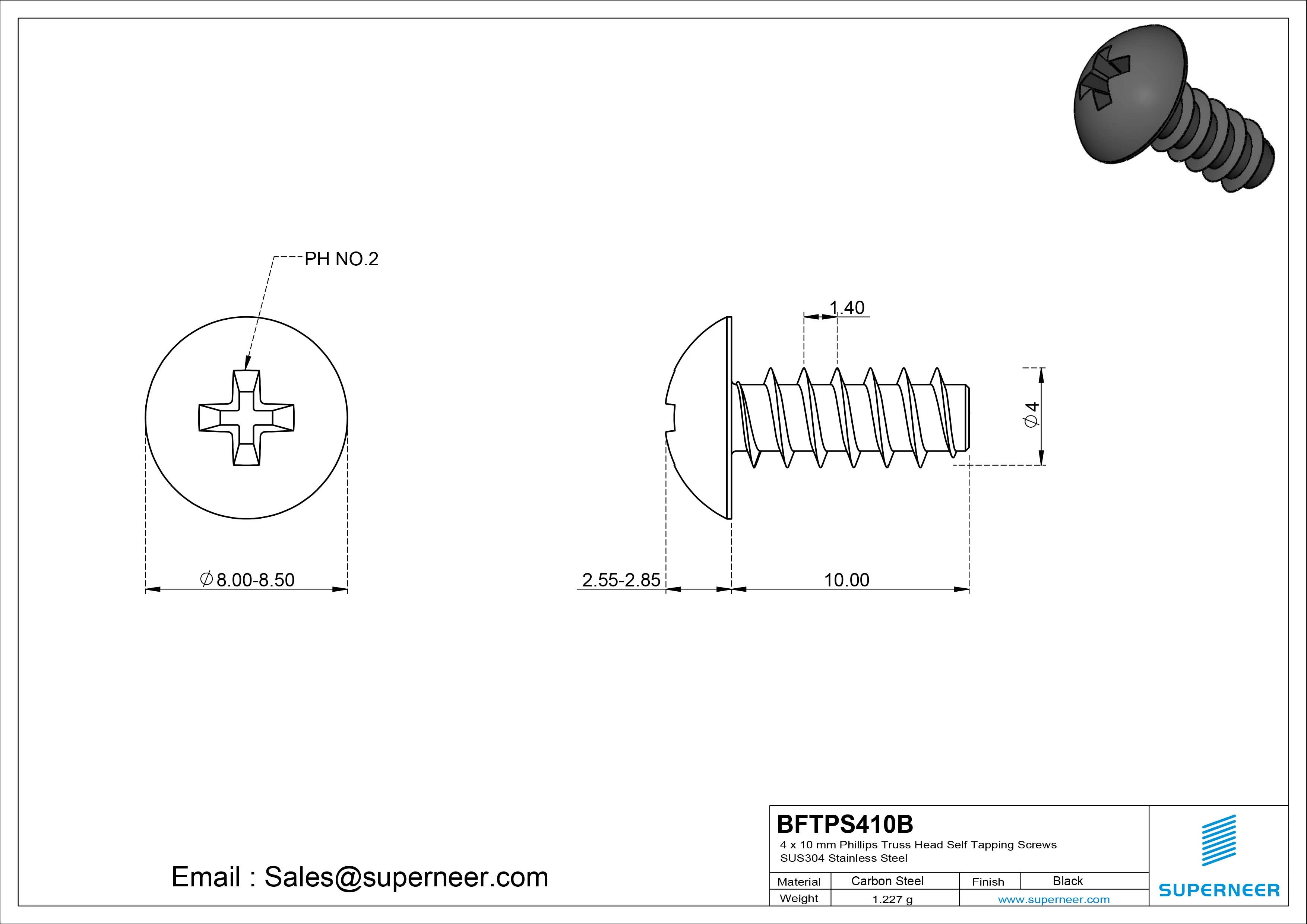 4 x 10mm Phillips Truss Head Self Tapping Screws Steel Black Zinc Plated