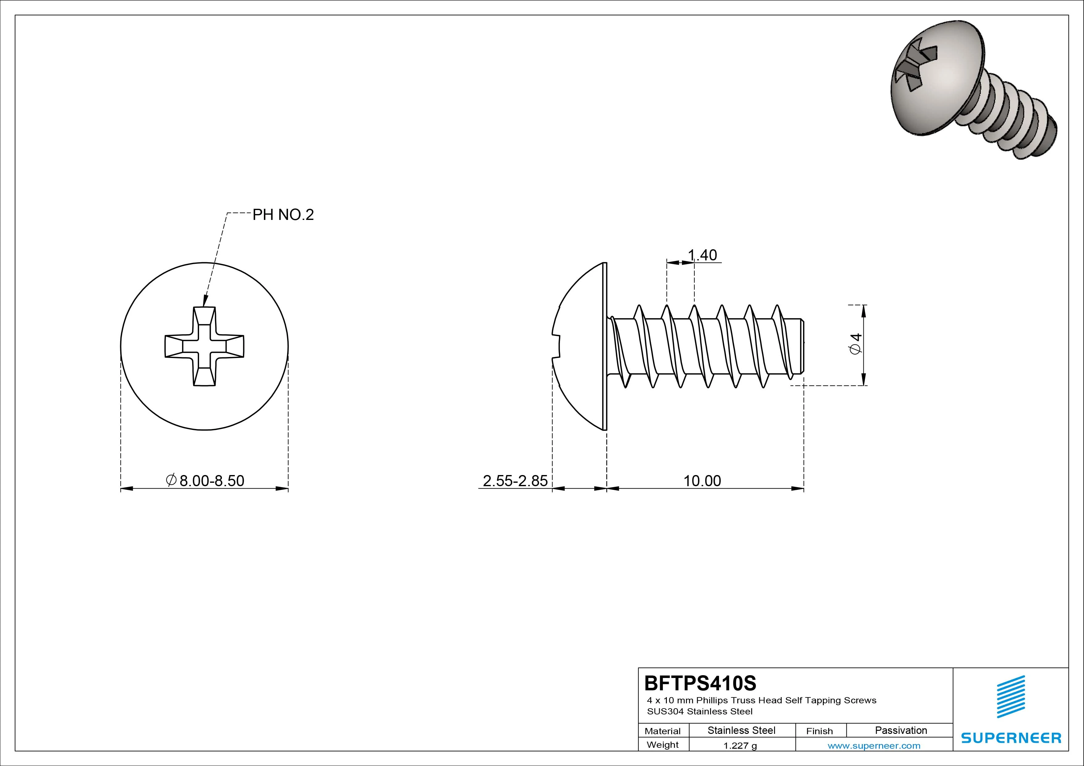 4 x 10mm Phillips Truss Head Self Tapping Screws SUS304 Stainless Steel