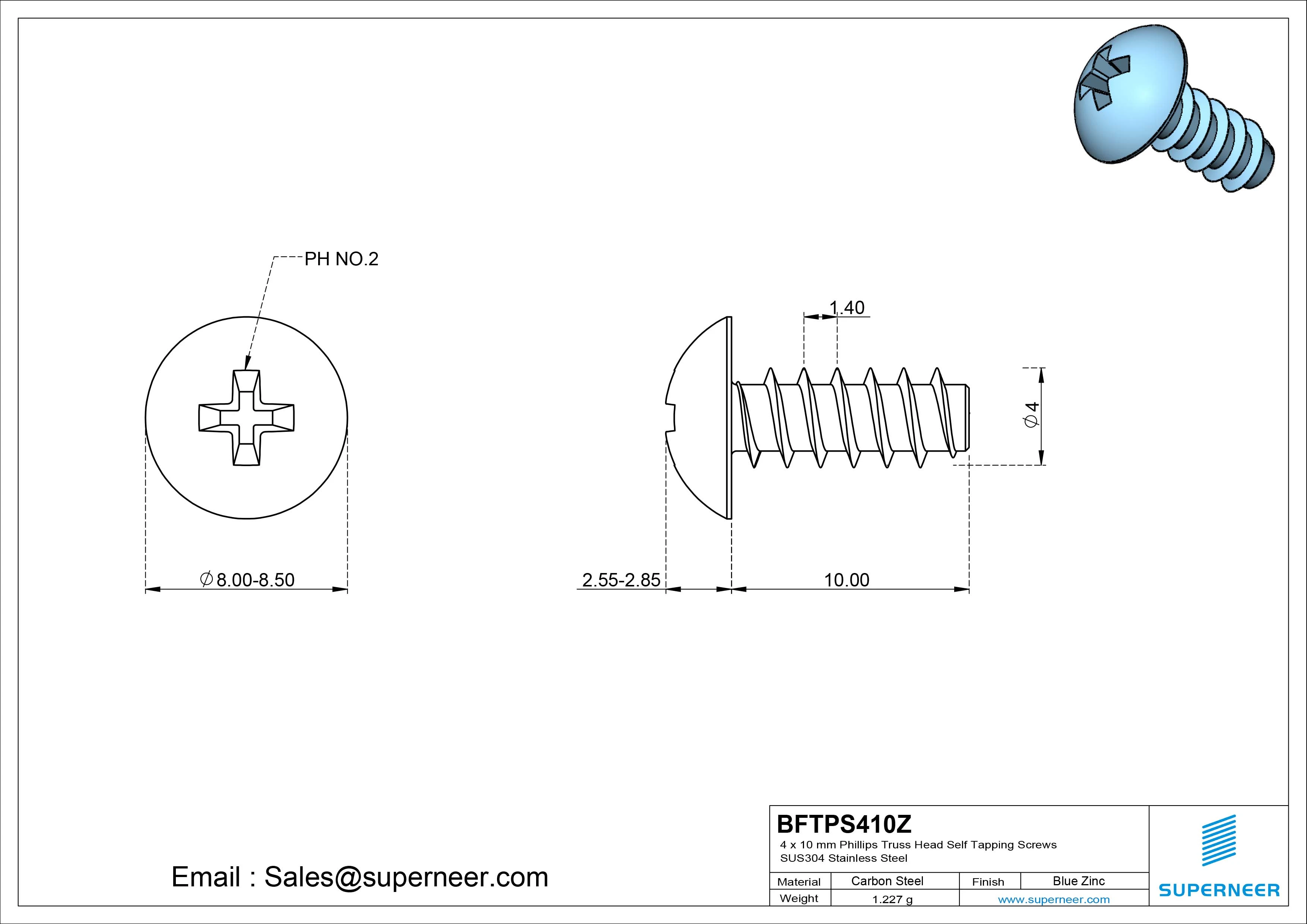 4 x 10mm Phillips Truss Head Self Tapping Screws Steel Blue Zinc Plated