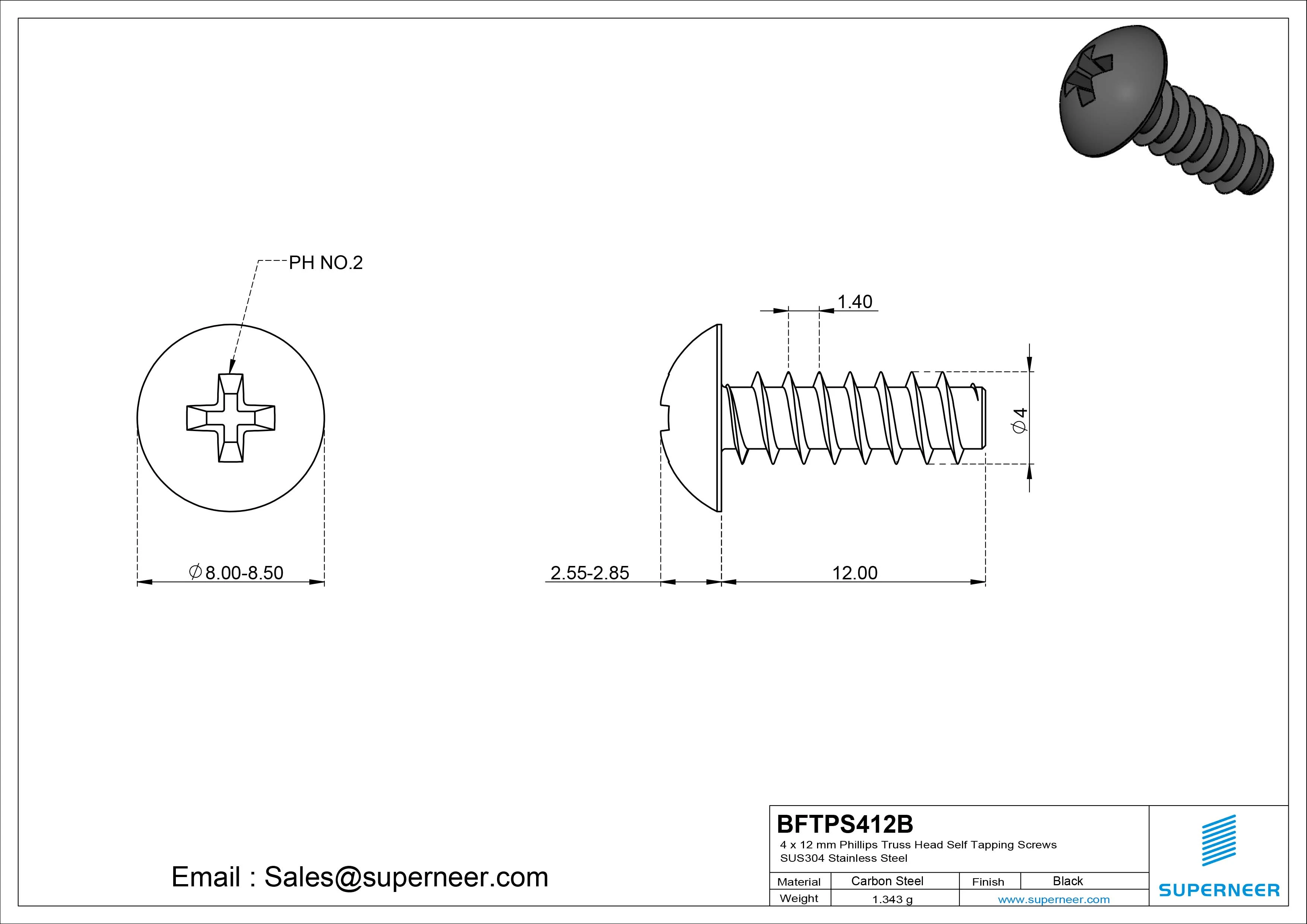 4 x 12mm Phillips Truss Head Self Tapping Screws Steel Black Zinc Plated