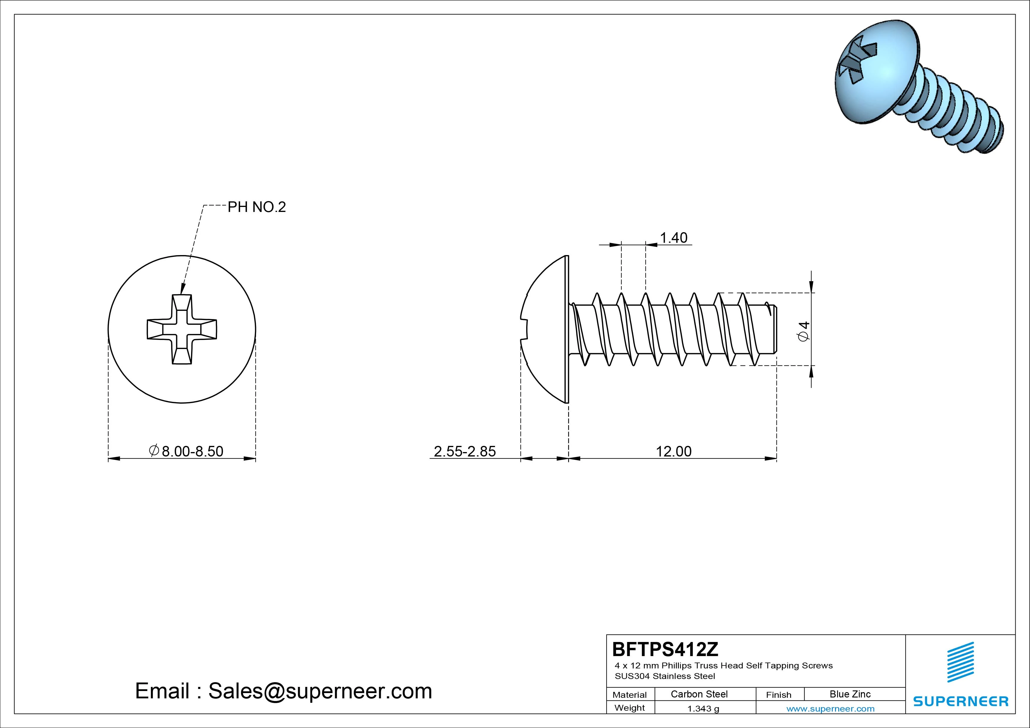 4 x 12mm Phillips Truss Head Self Tapping Screws Steel Blue Zinc Plated