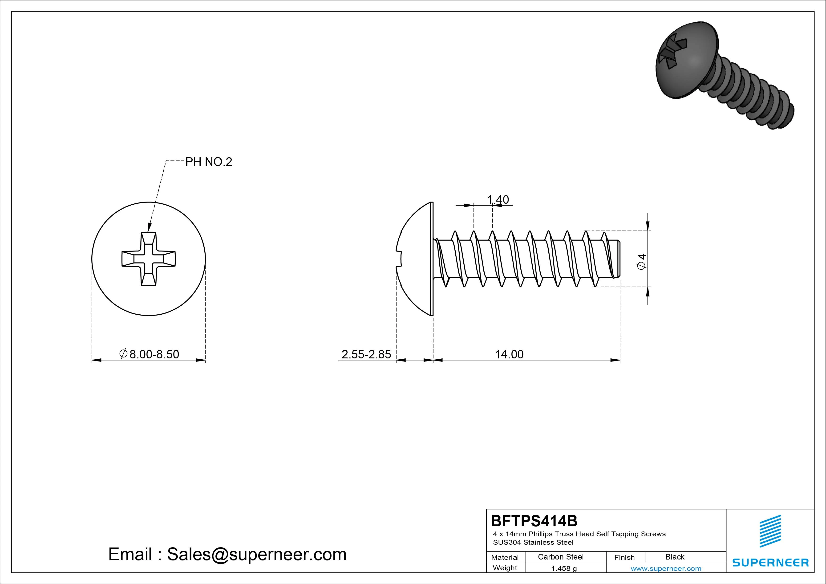 4 x 14mm Phillips Truss Head Self Tapping Screws Steel Black Zinc Plated