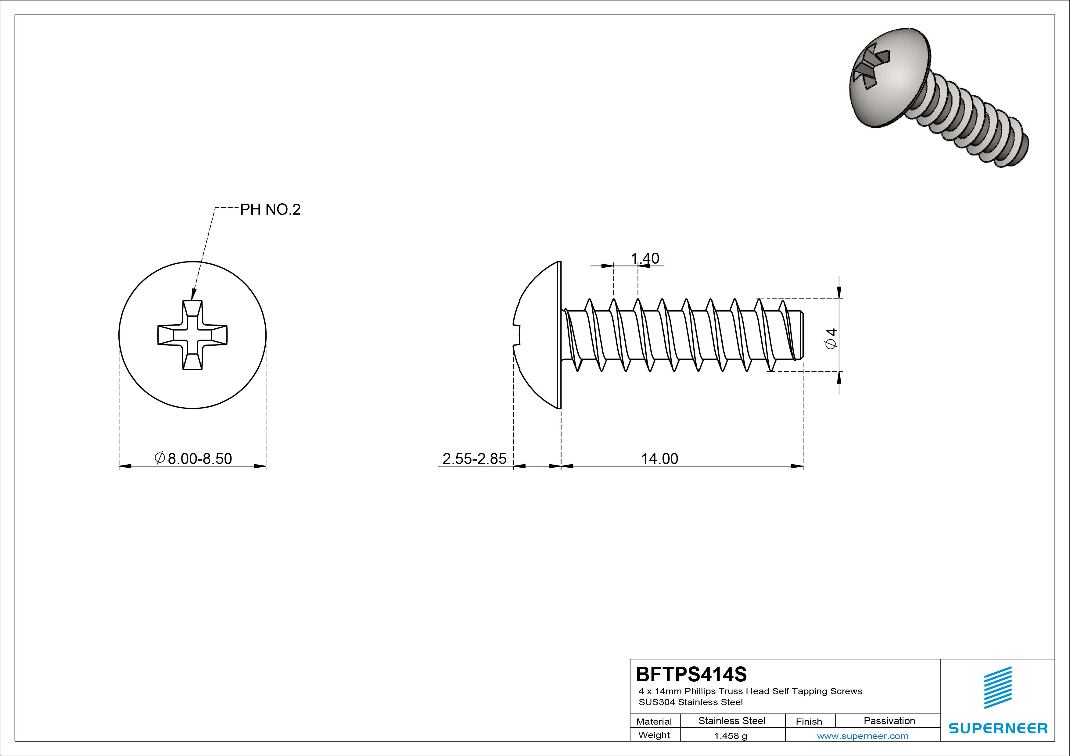 4 x 14mm Phillips Truss Head Self Tapping Screws SUS304 Stainless Steel