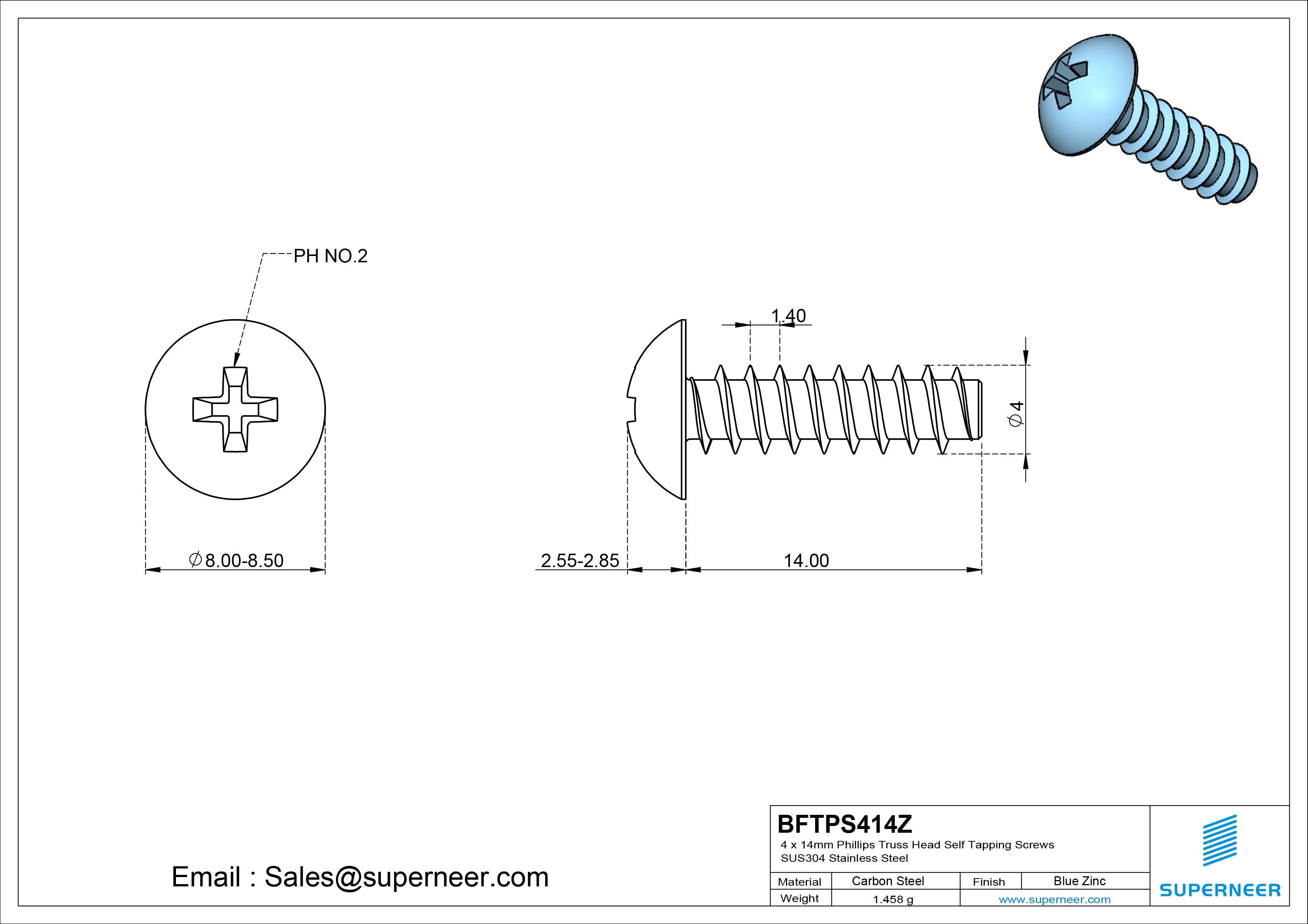 4 x 14mm Phillips Truss Head Self Tapping Screws Steel Blue Zinc Plated