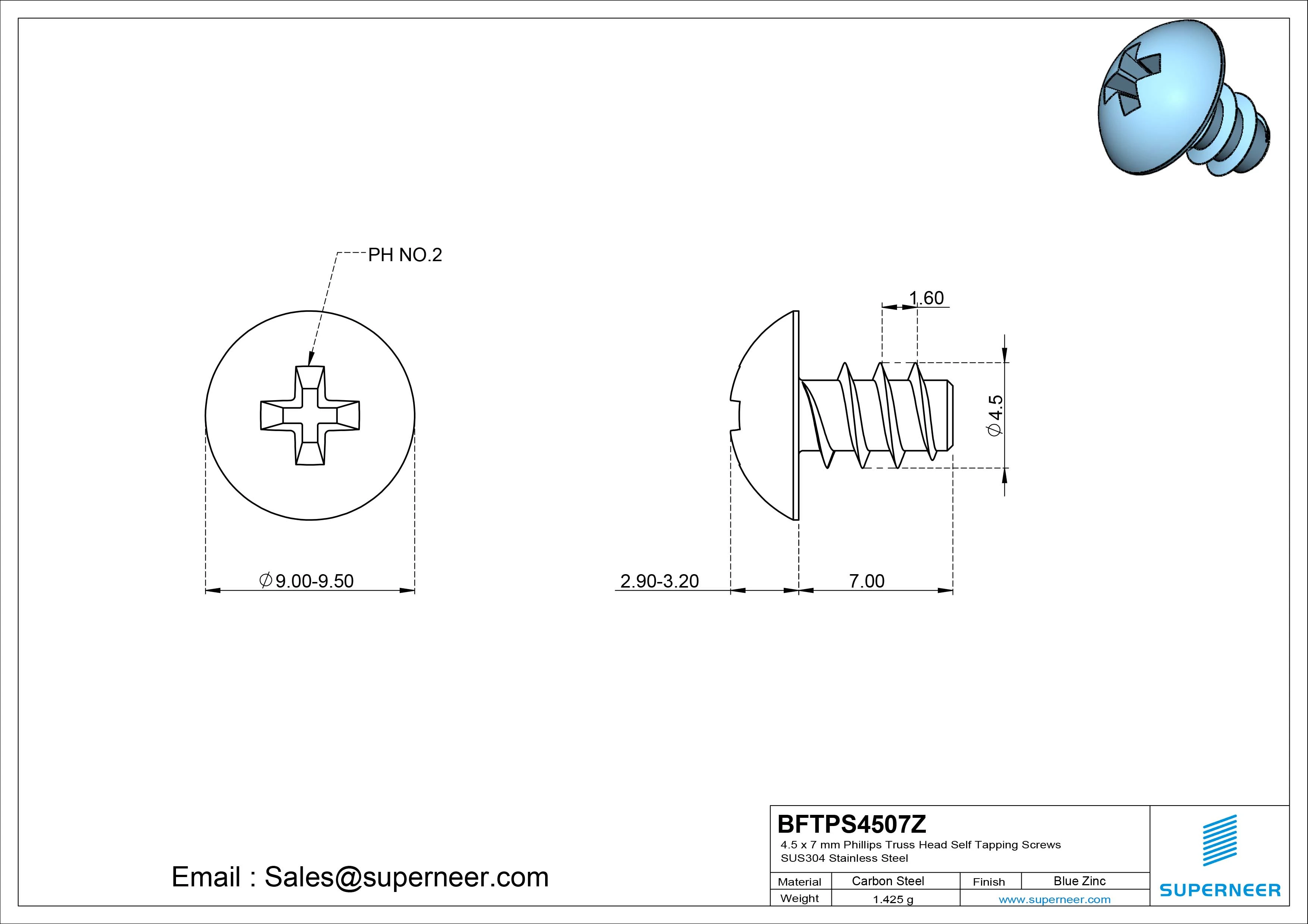 4.5 x 7mm Phillips Truss Head Self Tapping Screws Steel Blue Zinc Plated