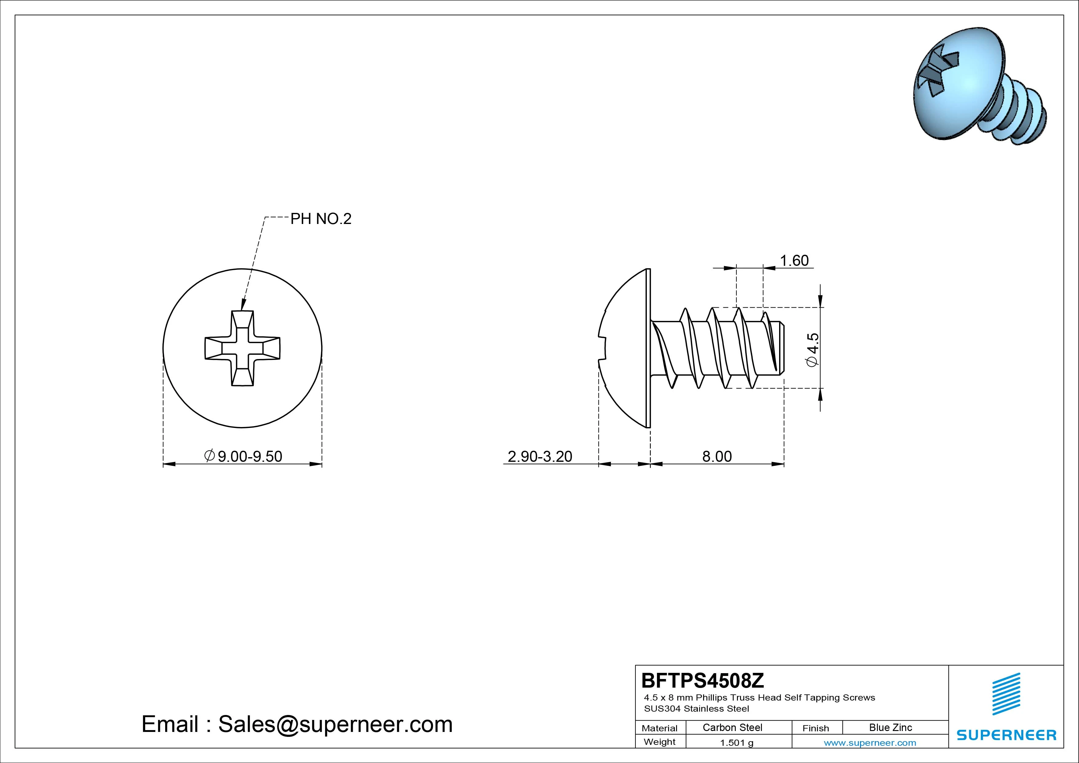 4.5 x 8mm Phillips Truss Head Self Tapping Screws Steel Blue Zinc Plated