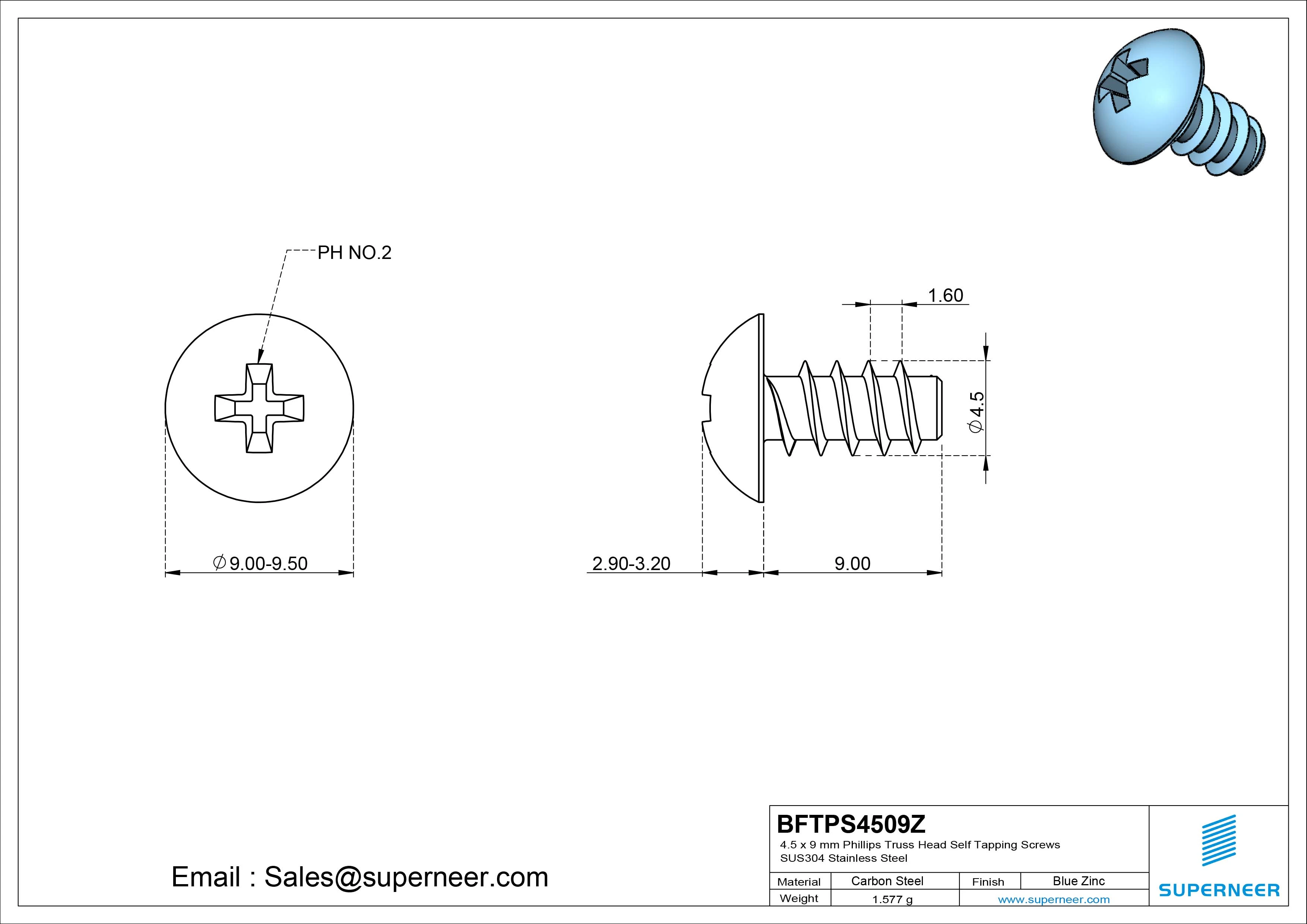 4.5 x 9mm Phillips Truss Head Self Tapping Screws Steel Blue Zinc Plated