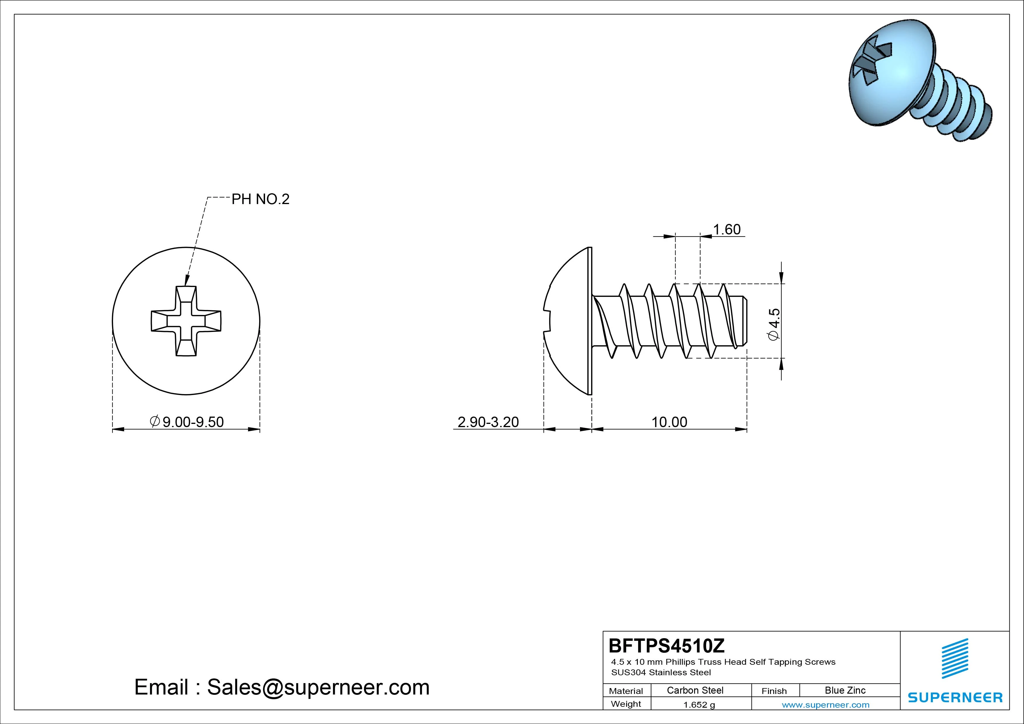 4.5 x 10mm Phillips Truss Head Self Tapping Screws Steel Blue Zinc Plated