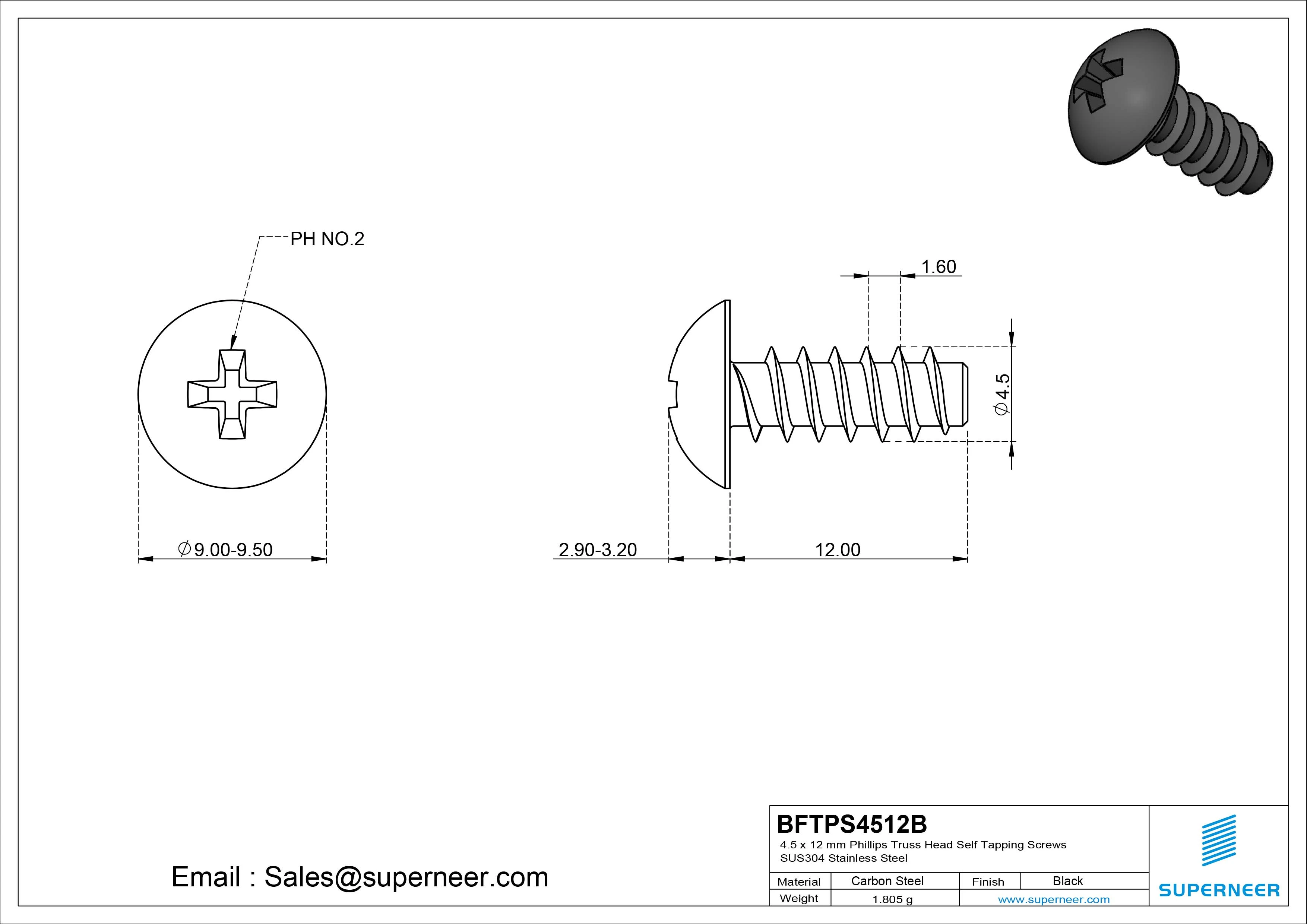 4.5 x 12mm Phillips Truss Head Self Tapping Screws Steel Black Zinc Plated