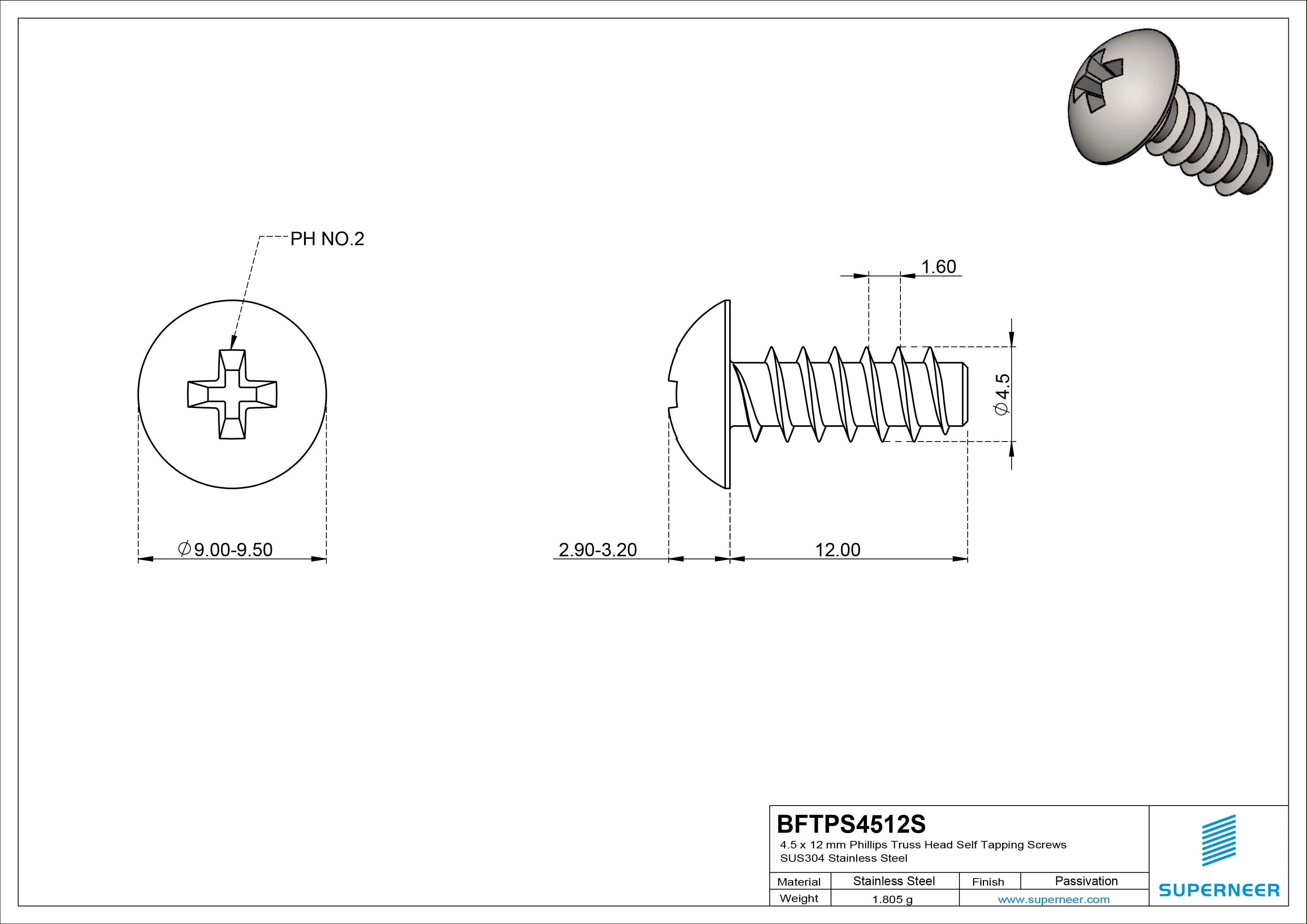 4.5 x 12mm Phillips Truss Head Self Tapping Screws SUS304 Stainless Steel