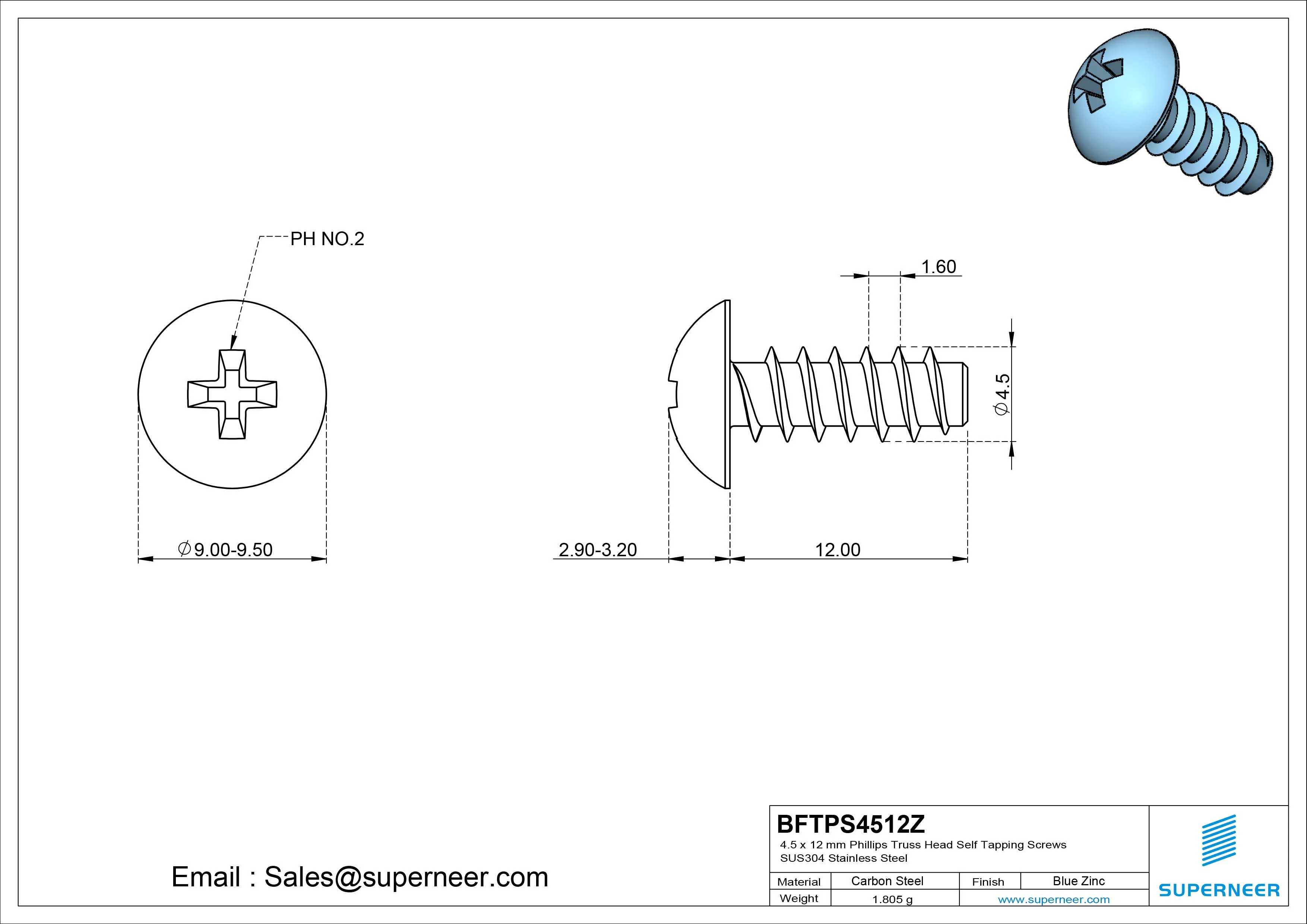 4.5 x 12mm Phillips Truss Head Self Tapping Screws Steel Blue Zinc Plated