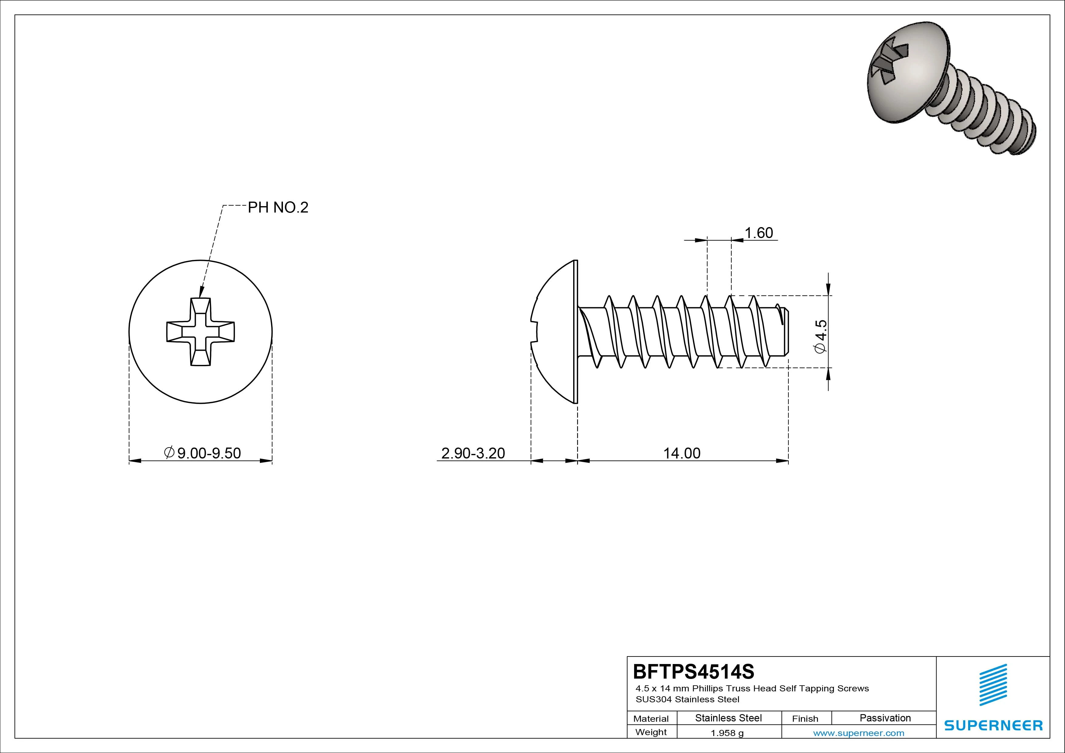 4.5 x 14mm Phillips Truss Head Self Tapping Screws SUS304 Stainless Steel