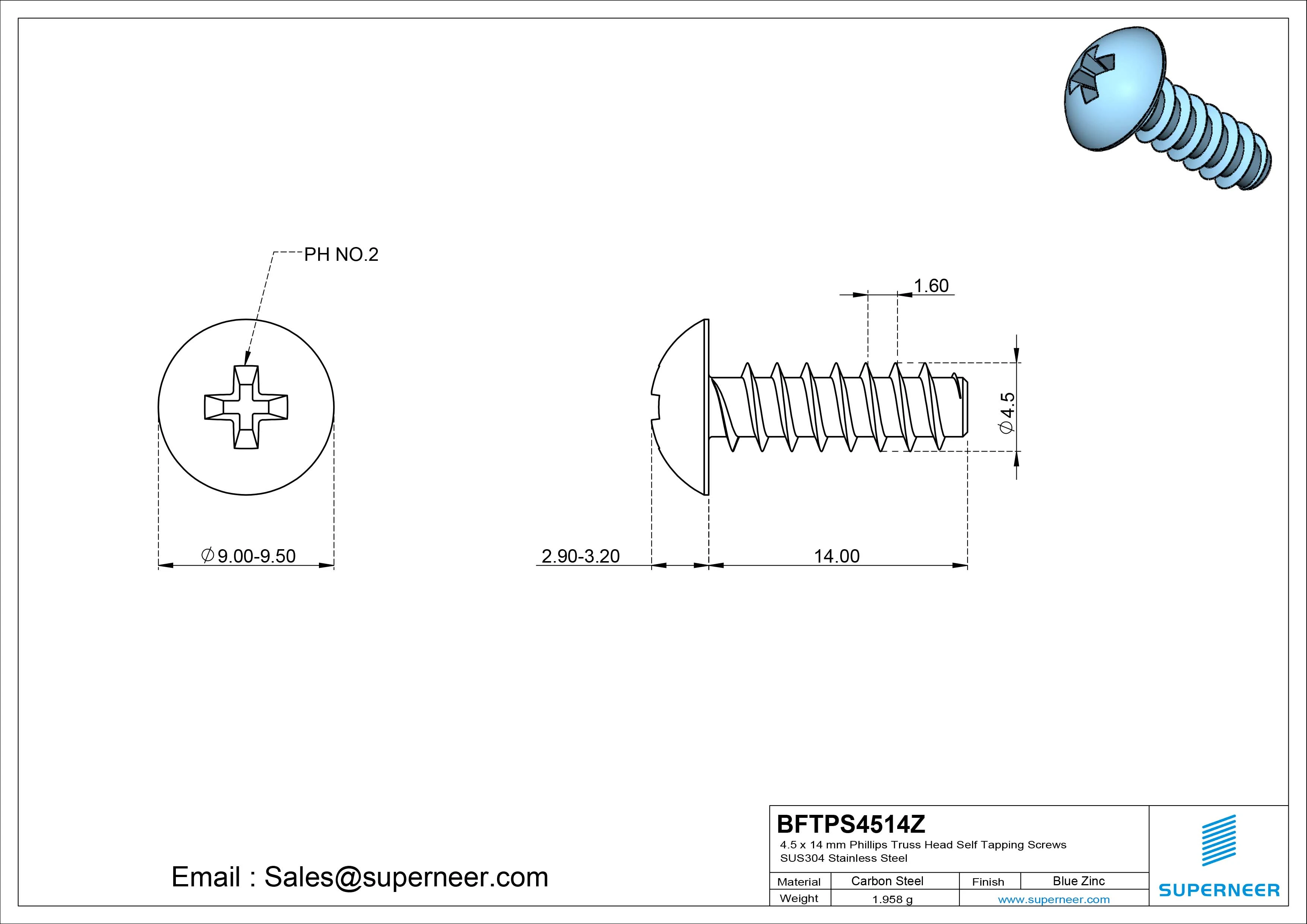 4.5 x 14mm Phillips Truss Head Self Tapping Screws Steel Blue Zinc Plated