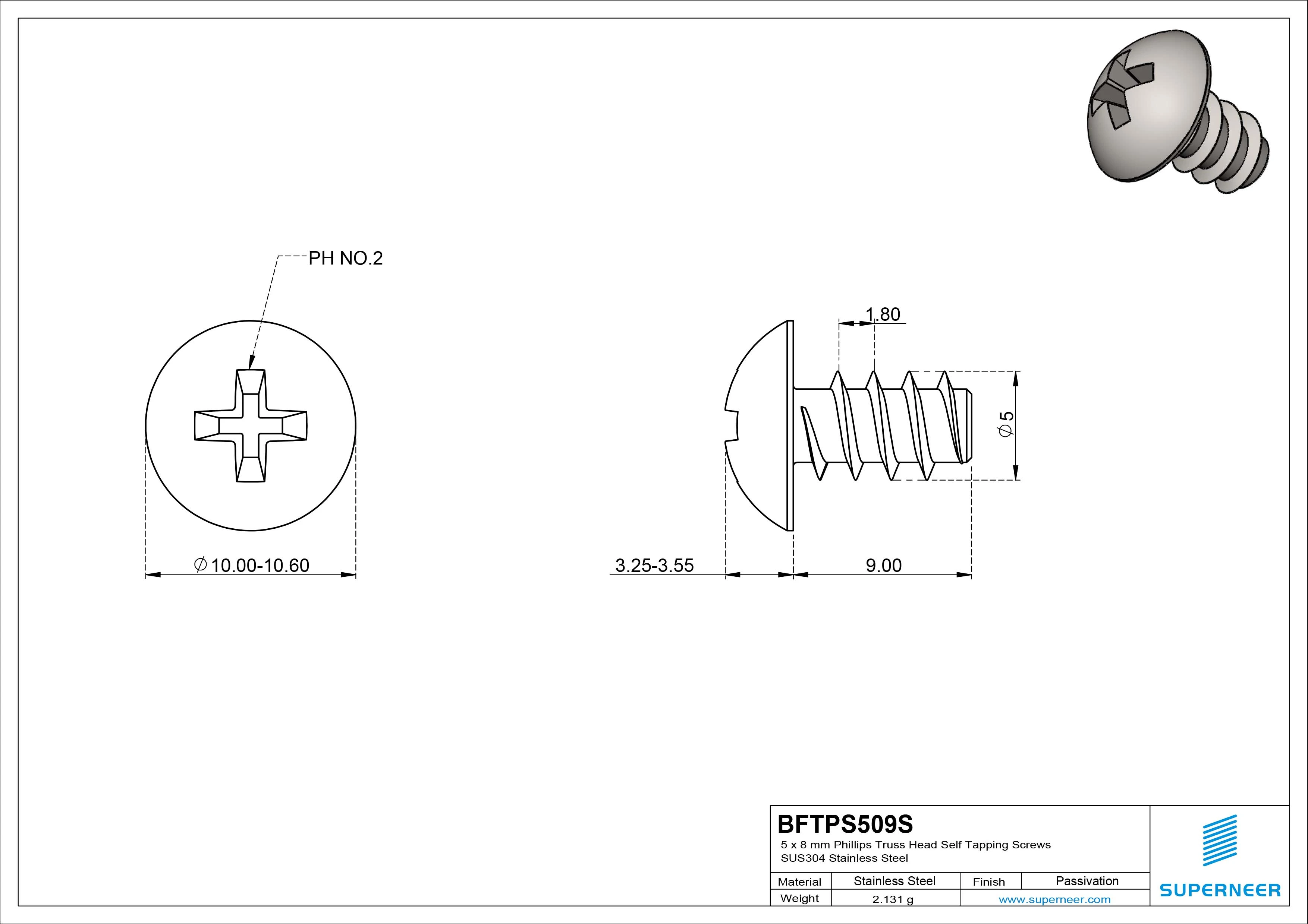 5 x 9mm Phillips Truss Head Self Tapping Screws SUS304 Stainless Steel