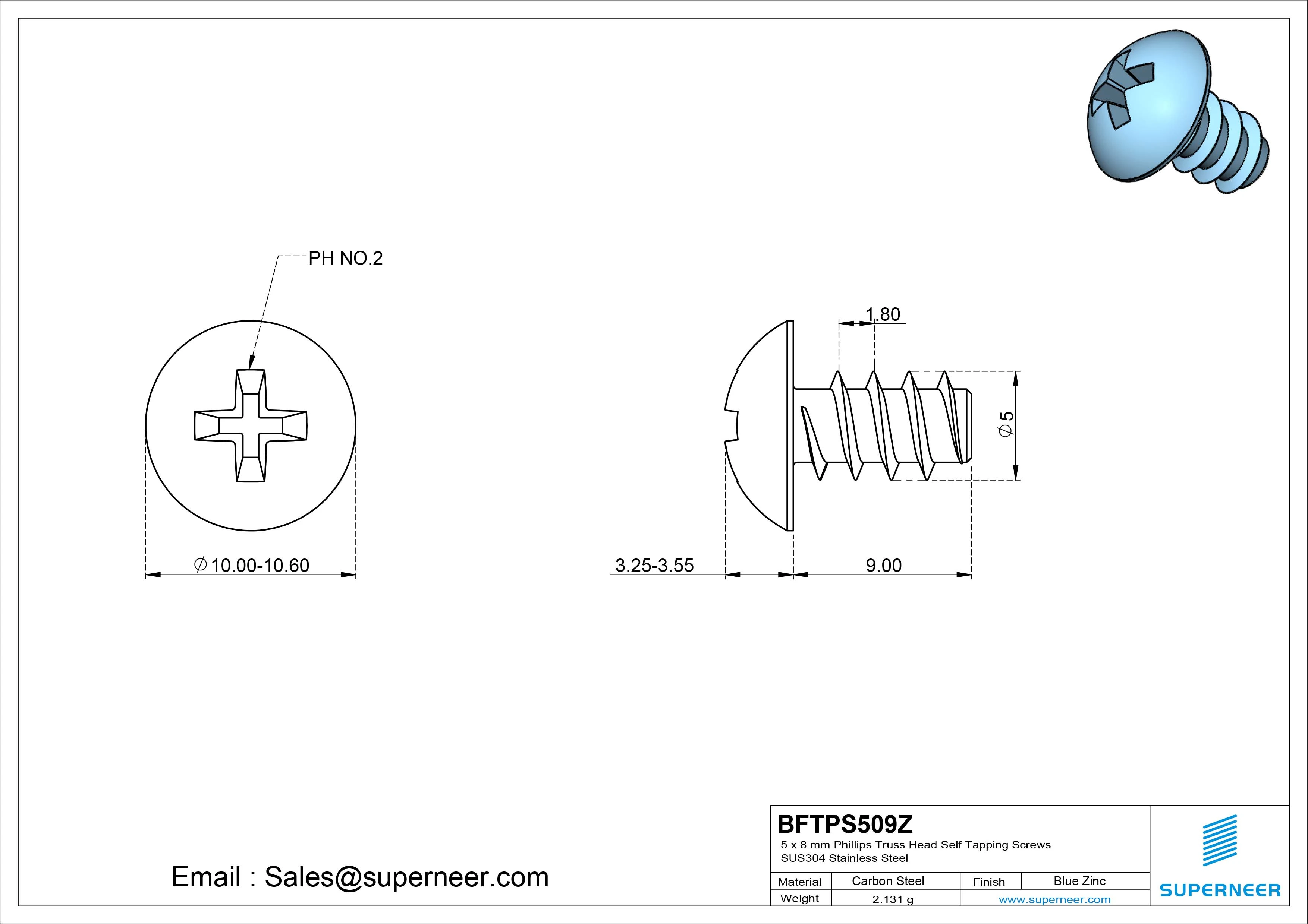 5 x 9mm Phillips Truss Head Self Tapping Screws Steel Blue Zinc Plated